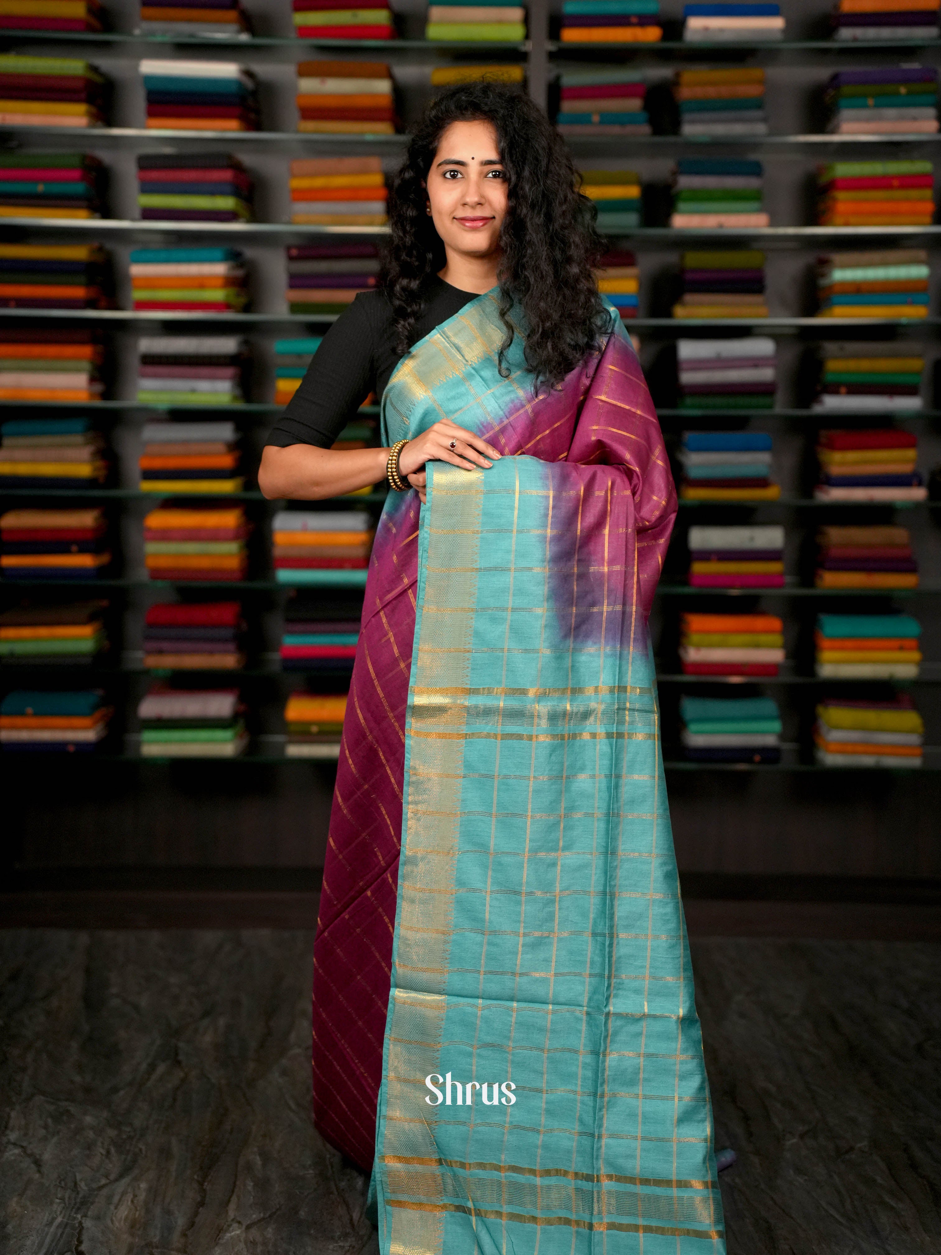 Purple & Teal  - Semi Tussar Saree