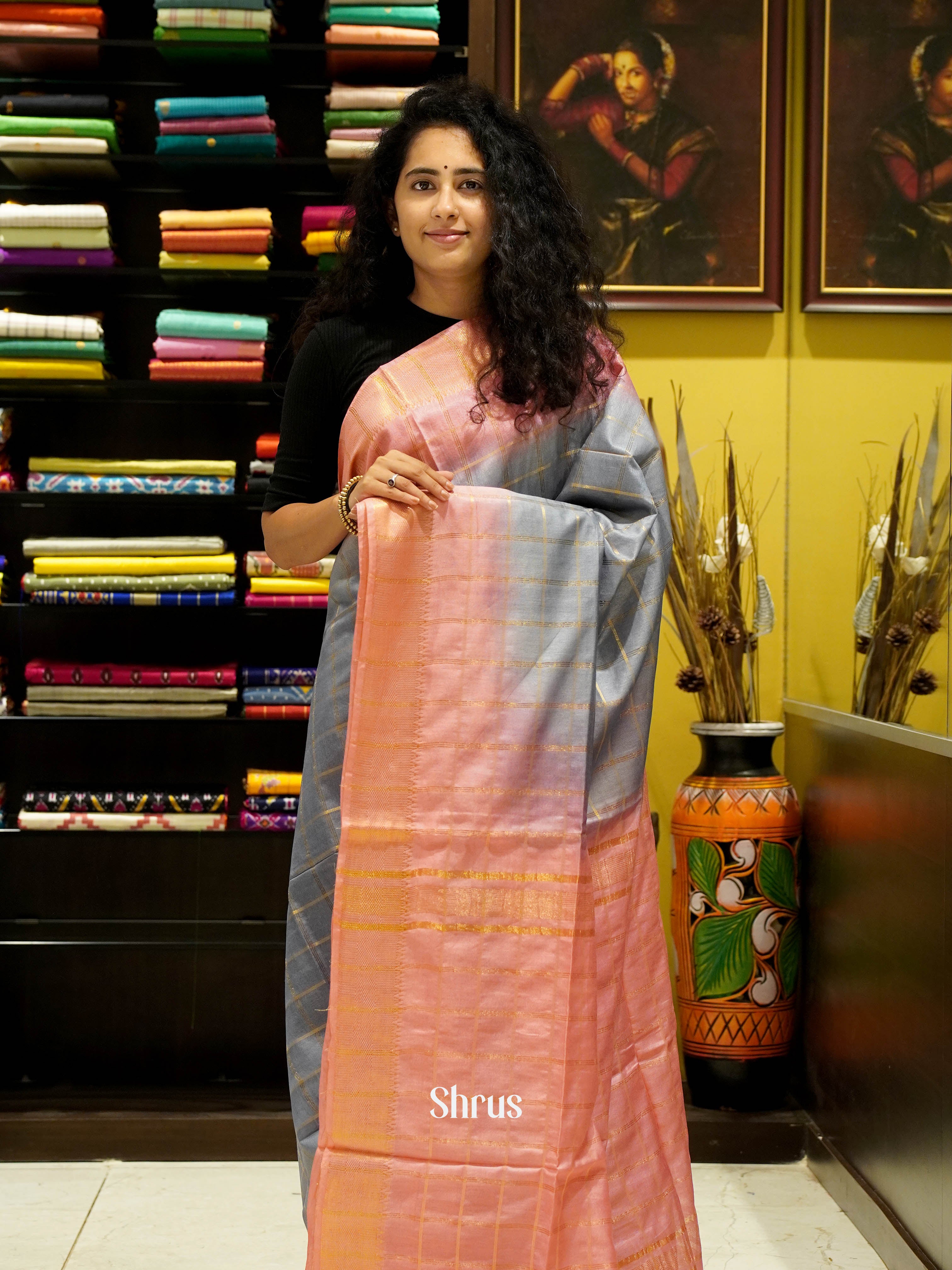 Grey & Peach - Semi Tussar Saree