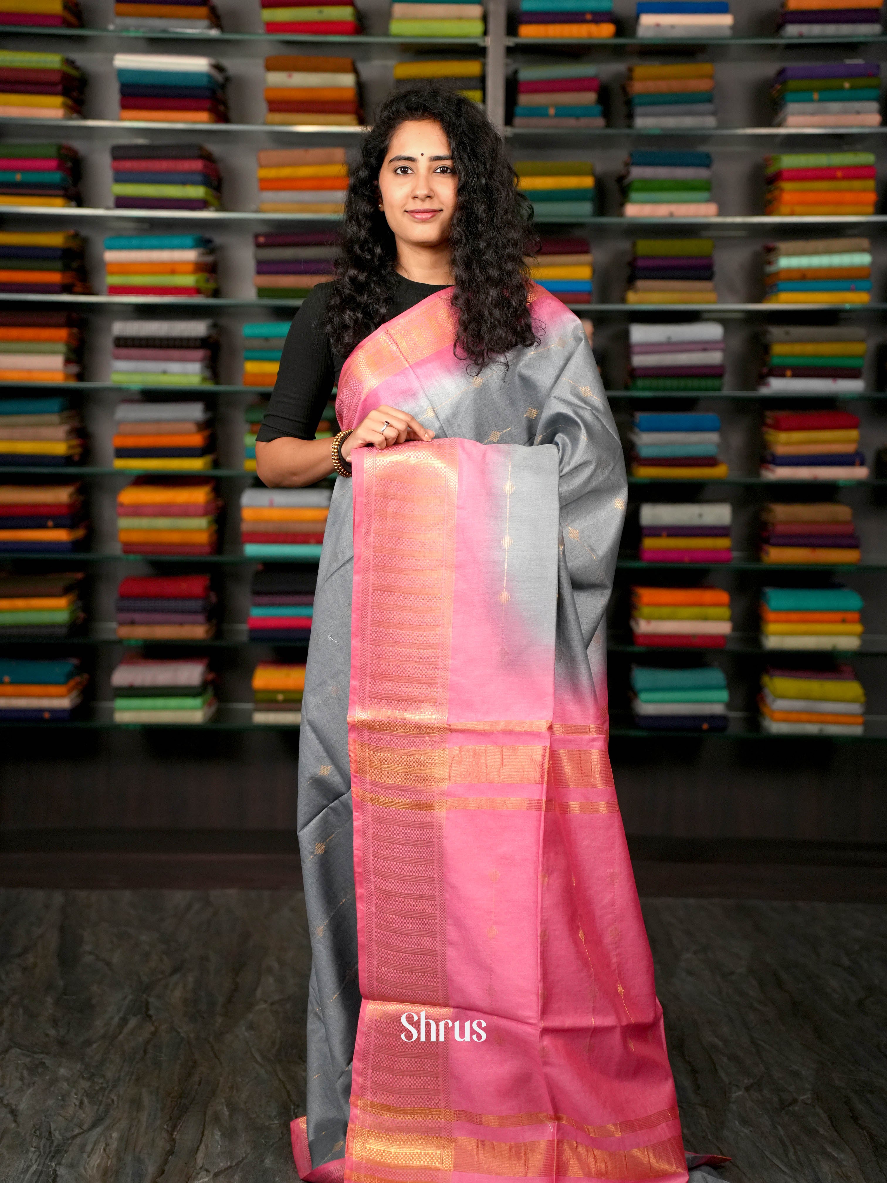 Grey  & Pink - Semi Tussar Saree