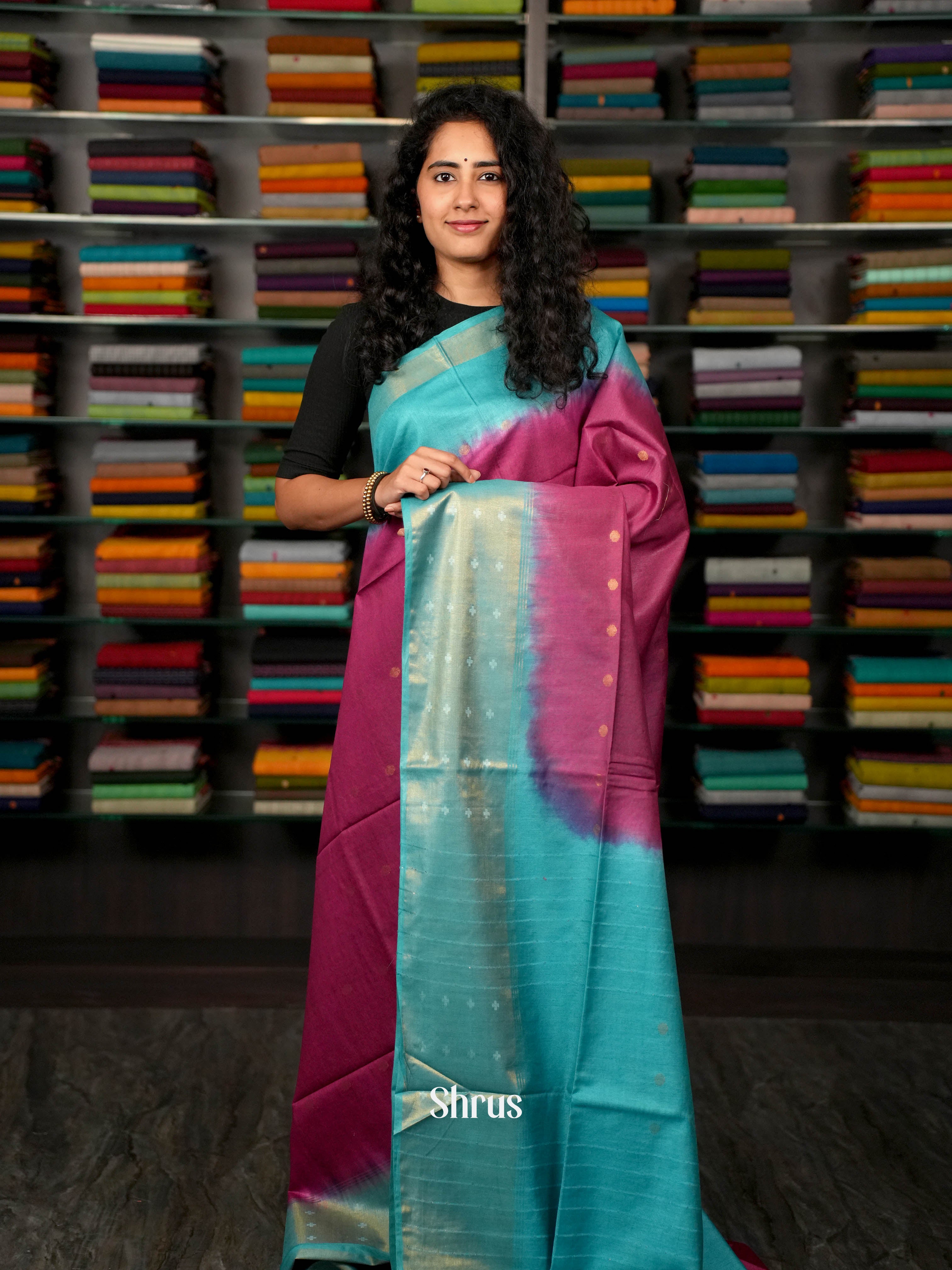 Purple  & Teal Blue - Semi Tussar Saree