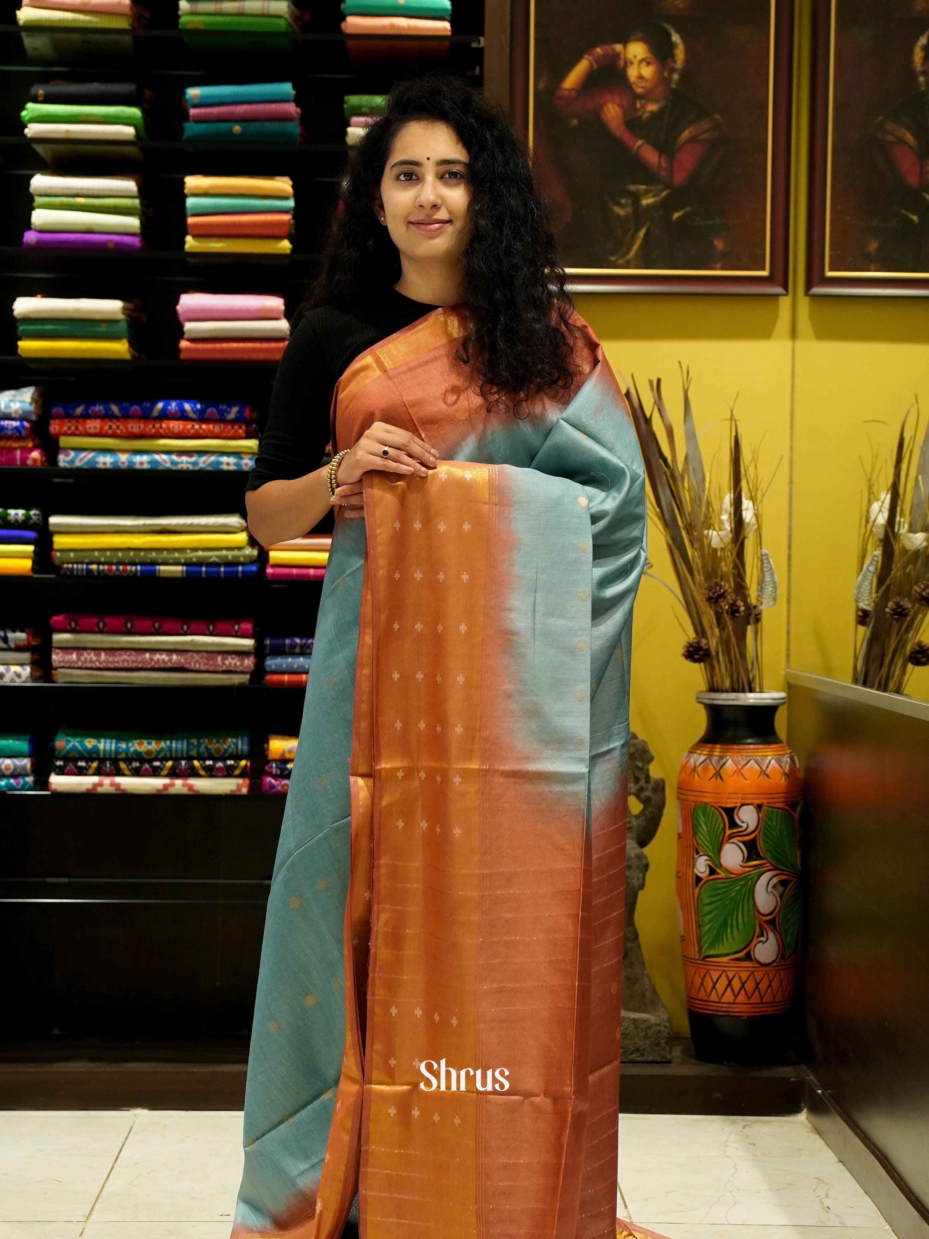 Teal  & Brown - Semi Tussar Saree