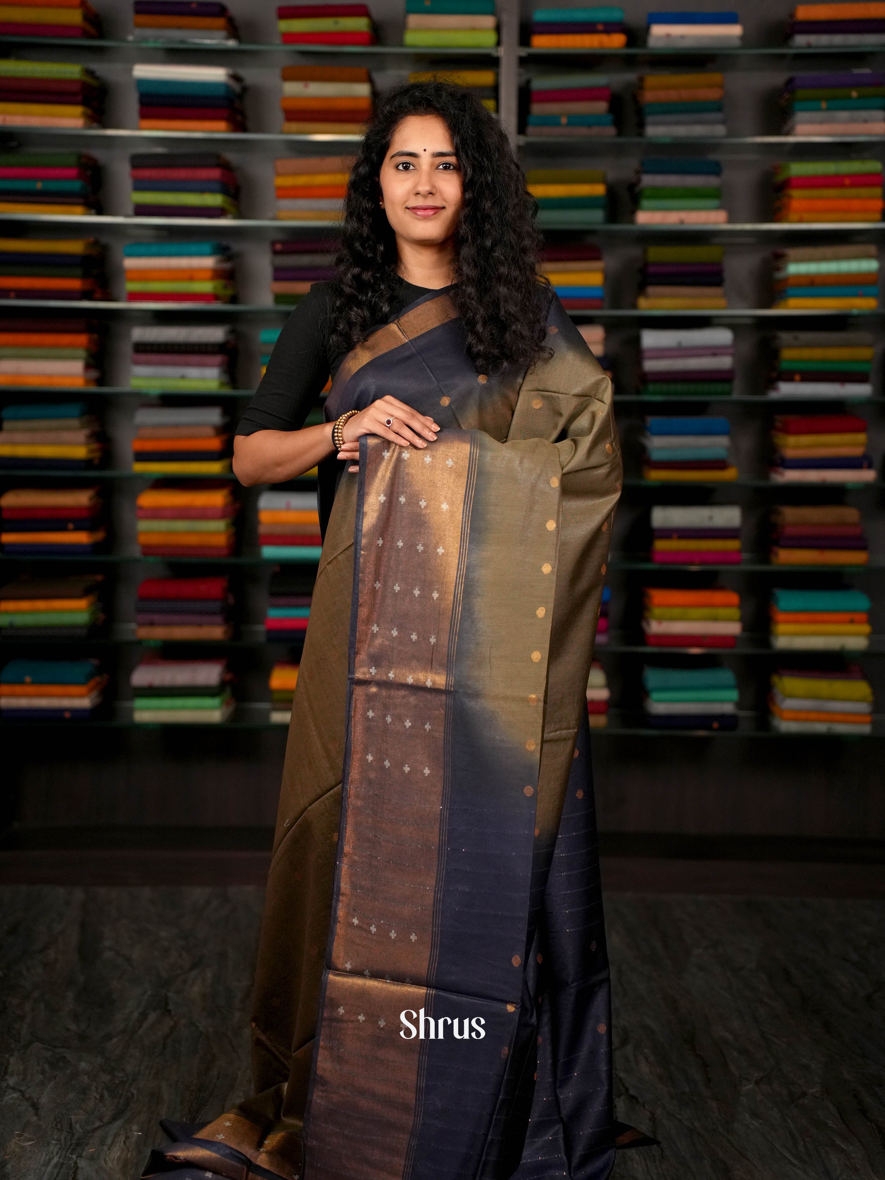 Brown  & Navy Blue - Semi Tussar Saree