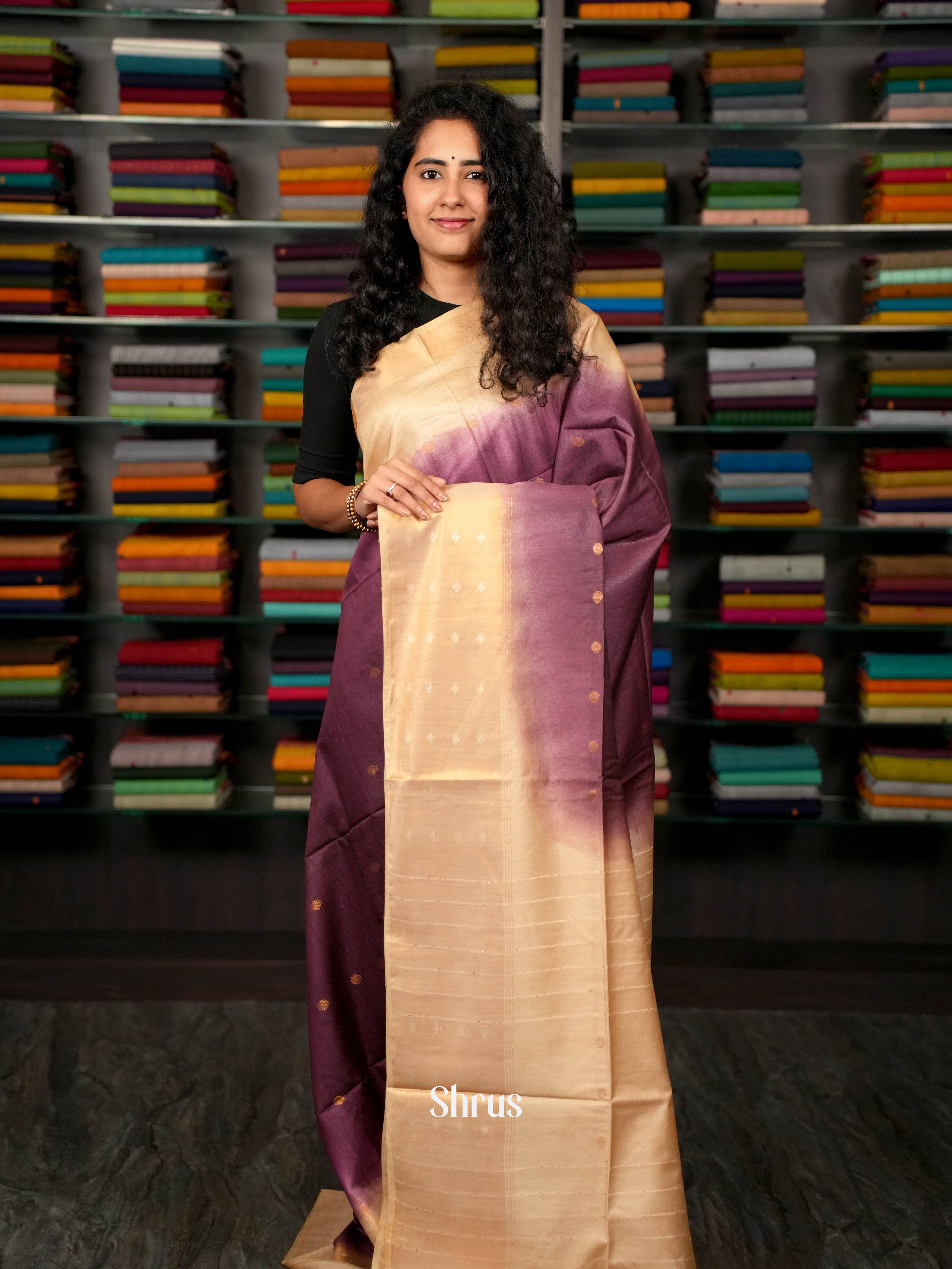 Purple & Cream - Semi Tussar Saree