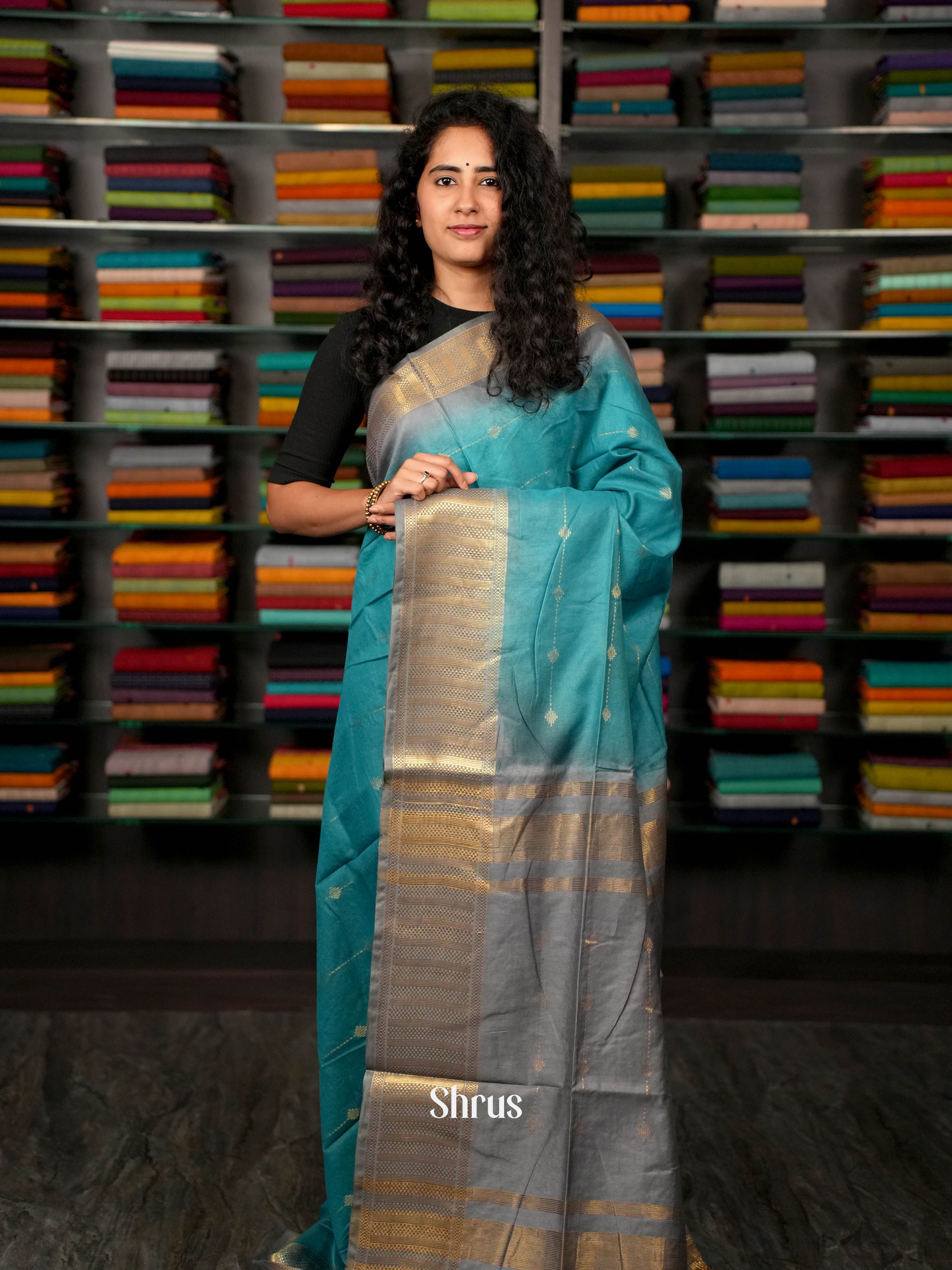 Teal & Grey  - Semi Tussar Saree