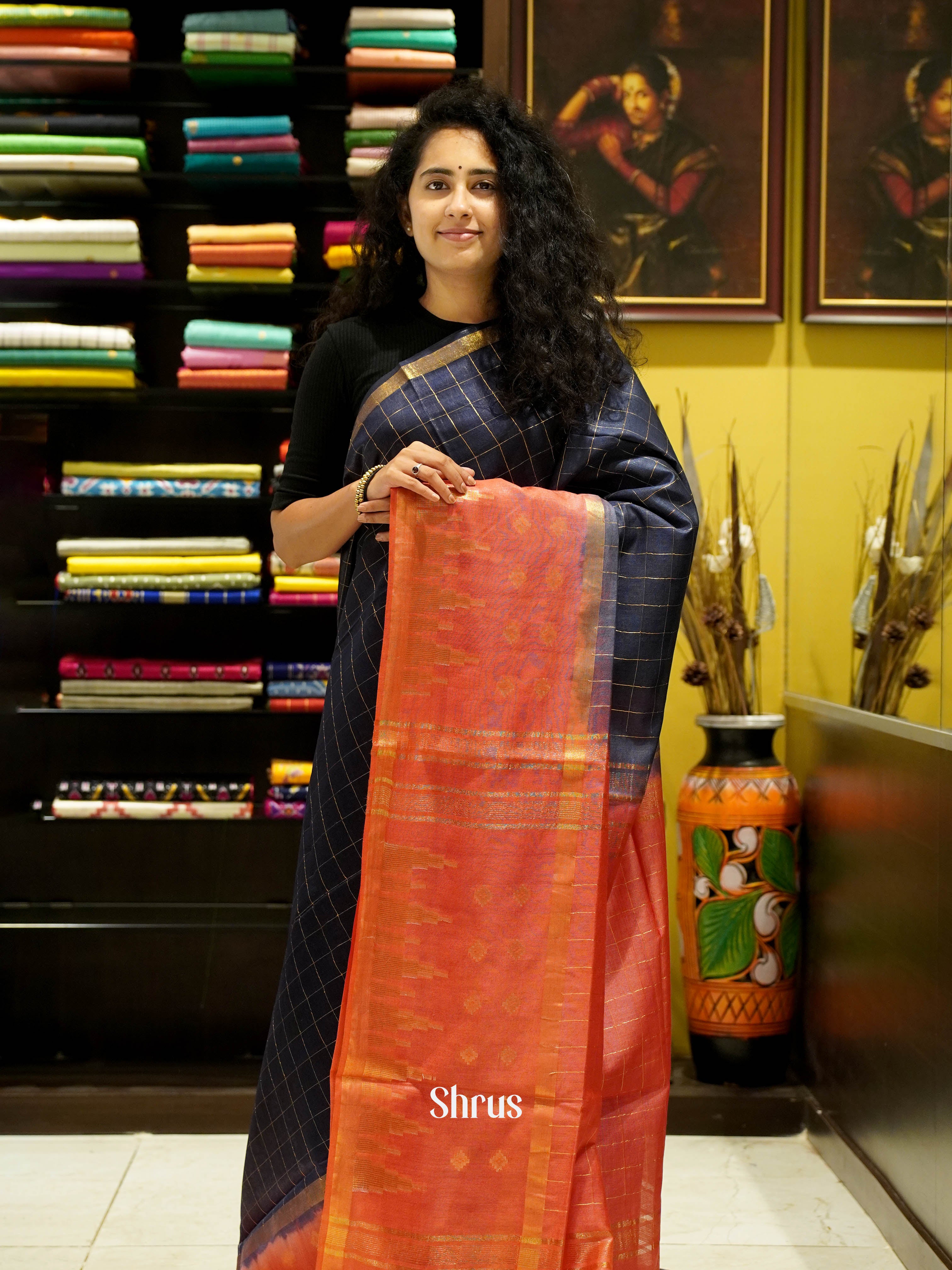 Indigo  & Red - Semi Tussar Saree