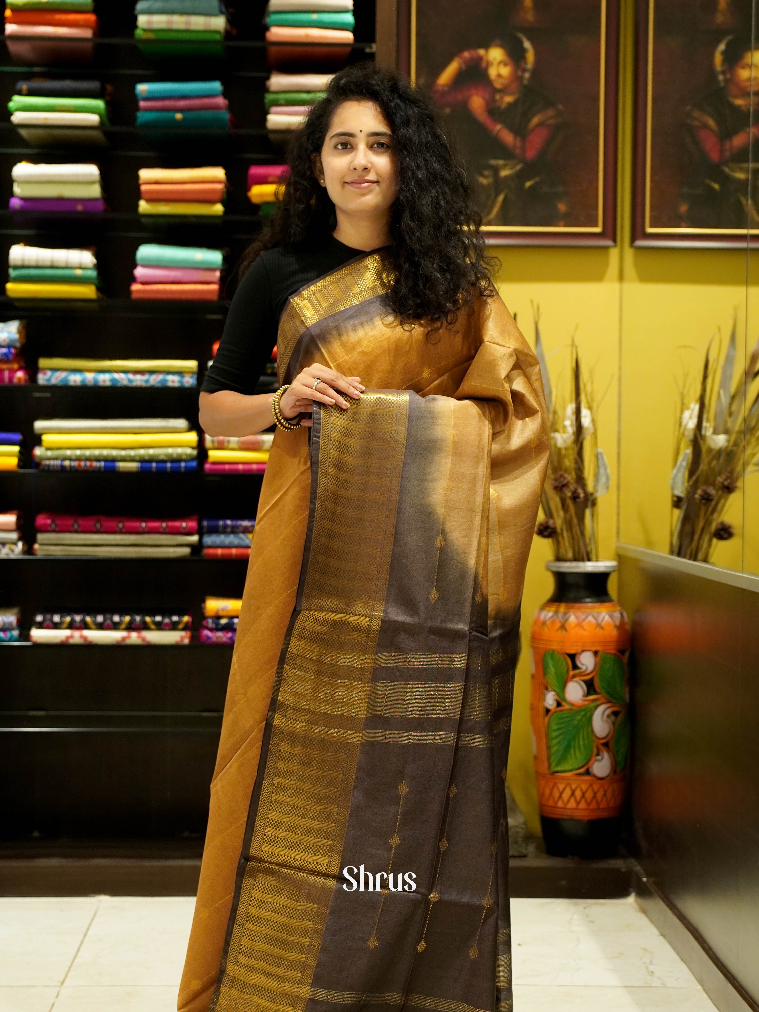 Brown & Dark Brown - Semi Tussar Saree