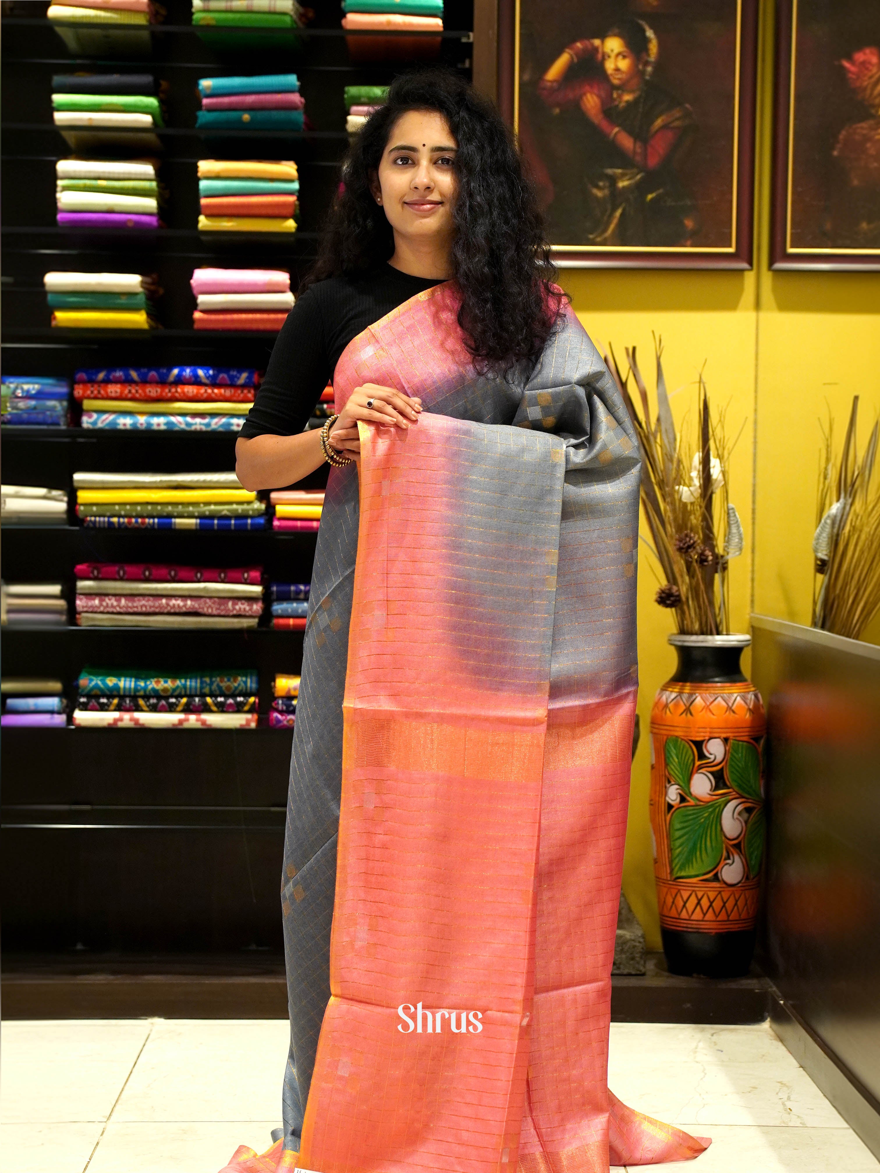 Grey  & Pink - Semi Tussar Saree