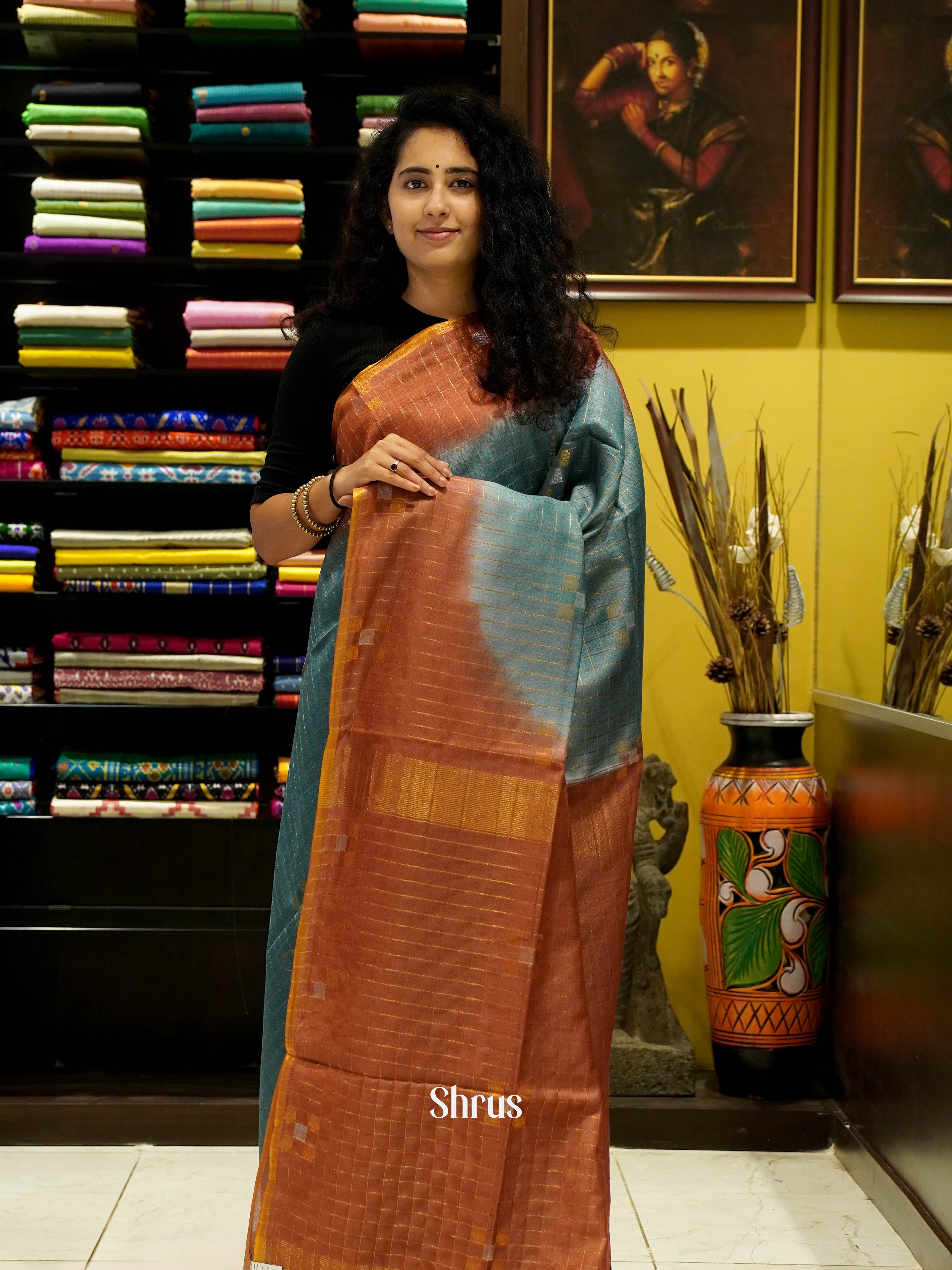 Bluish Grey & Brown - Semi Tussar Saree