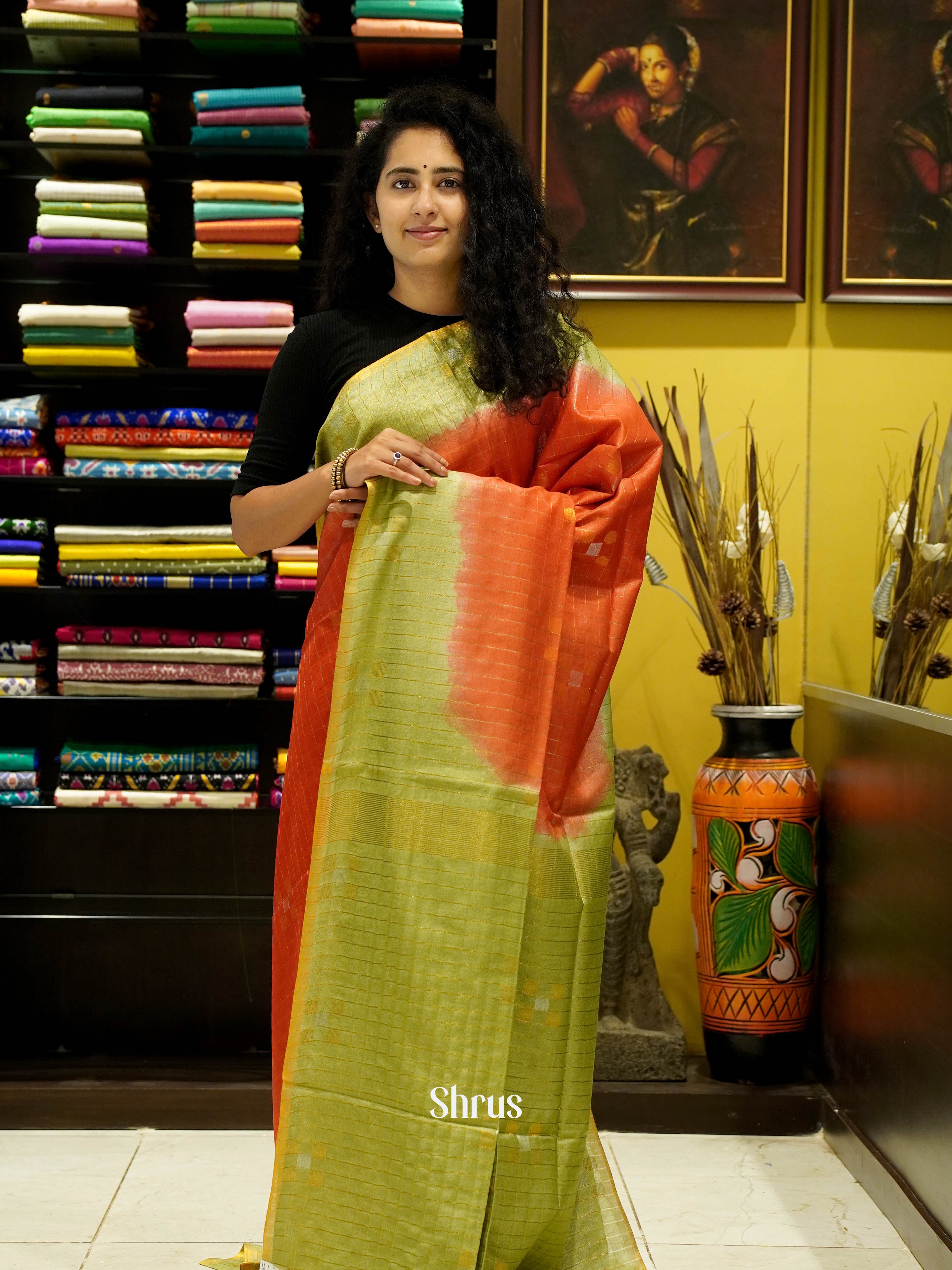 Red & Green - Semi Tussar Saree