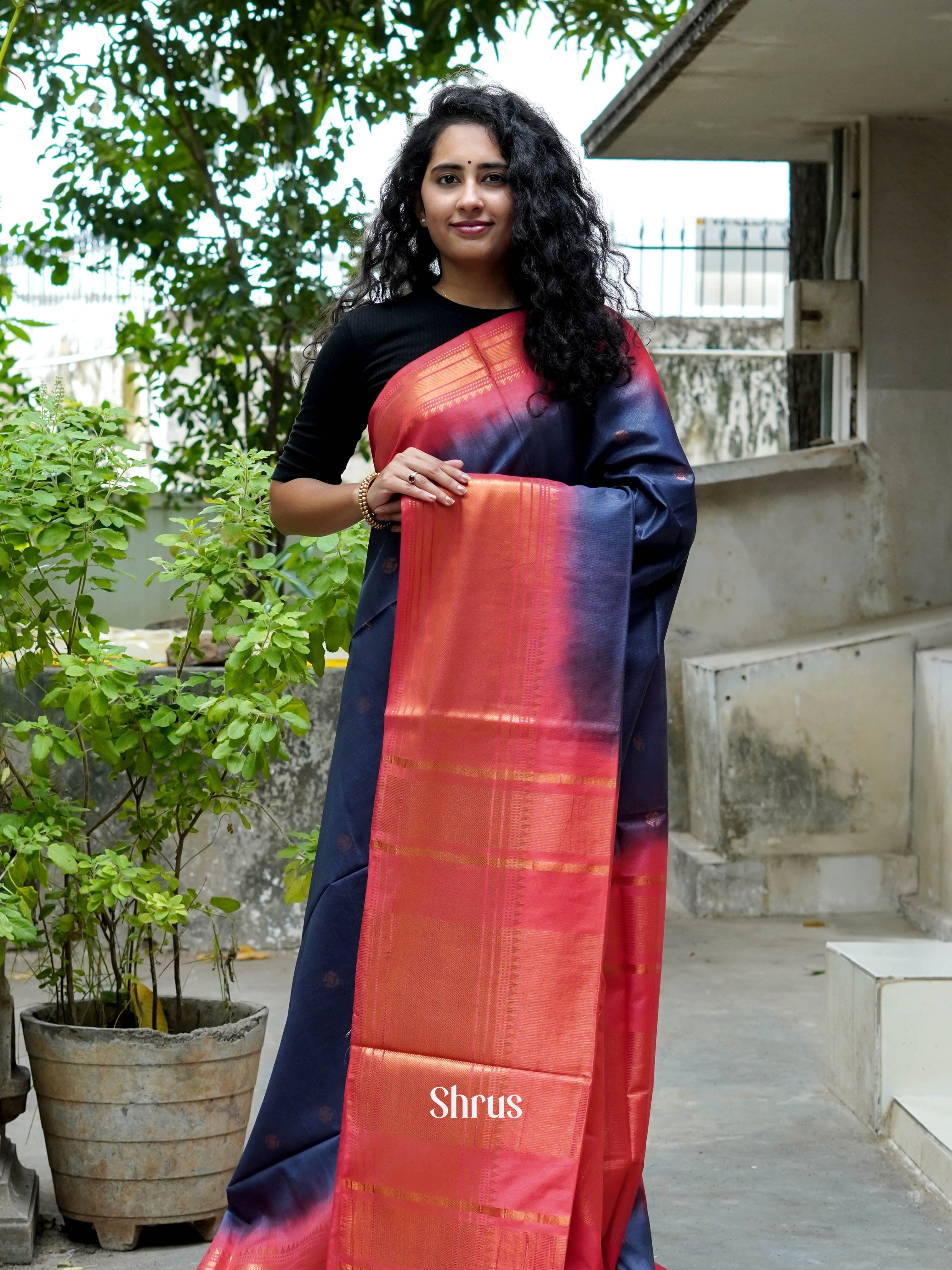 Blue & Red - Semi Tussar Saree