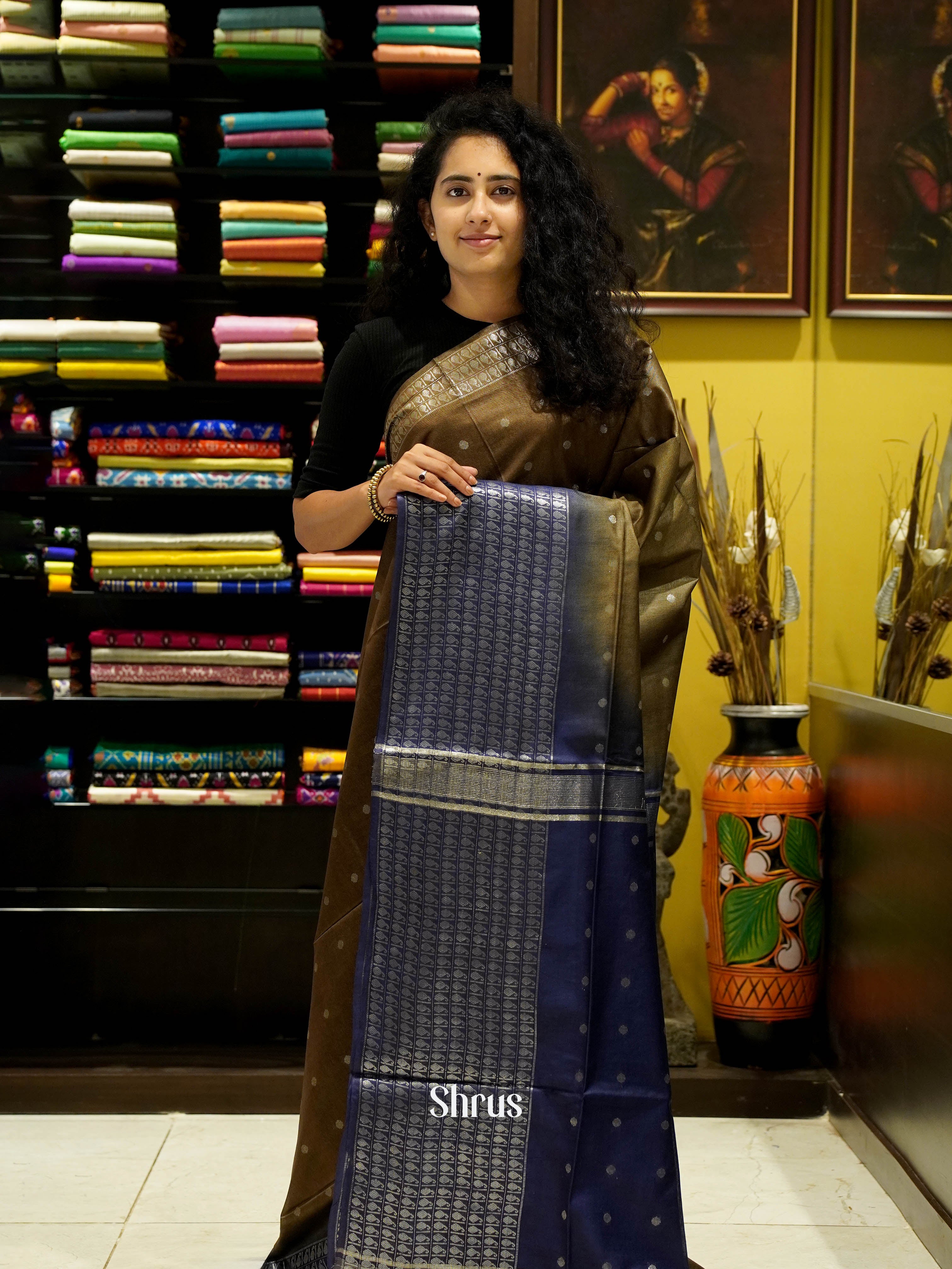 Mehandi & Blue - Semi Tussar Saree