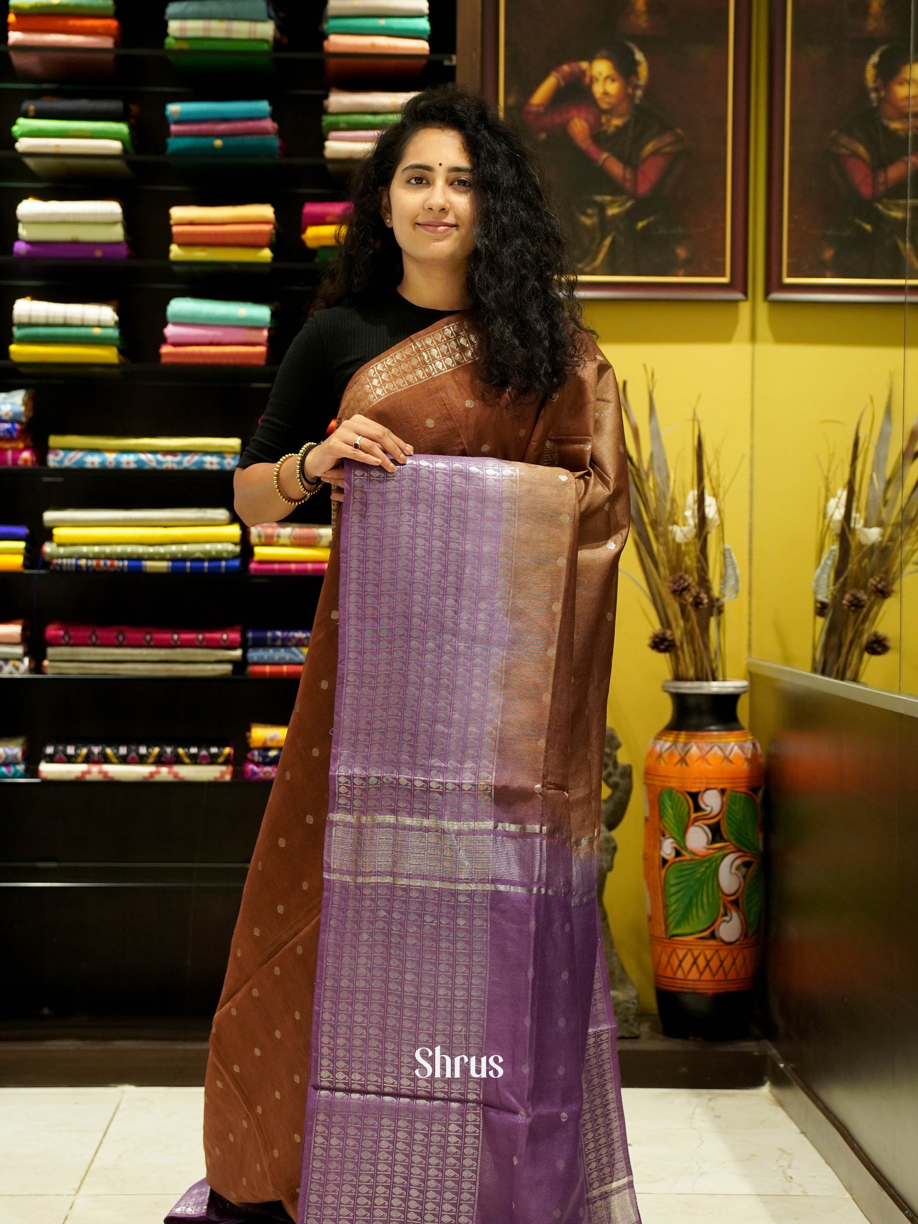 Brown & Purple - Semi Tussar Saree