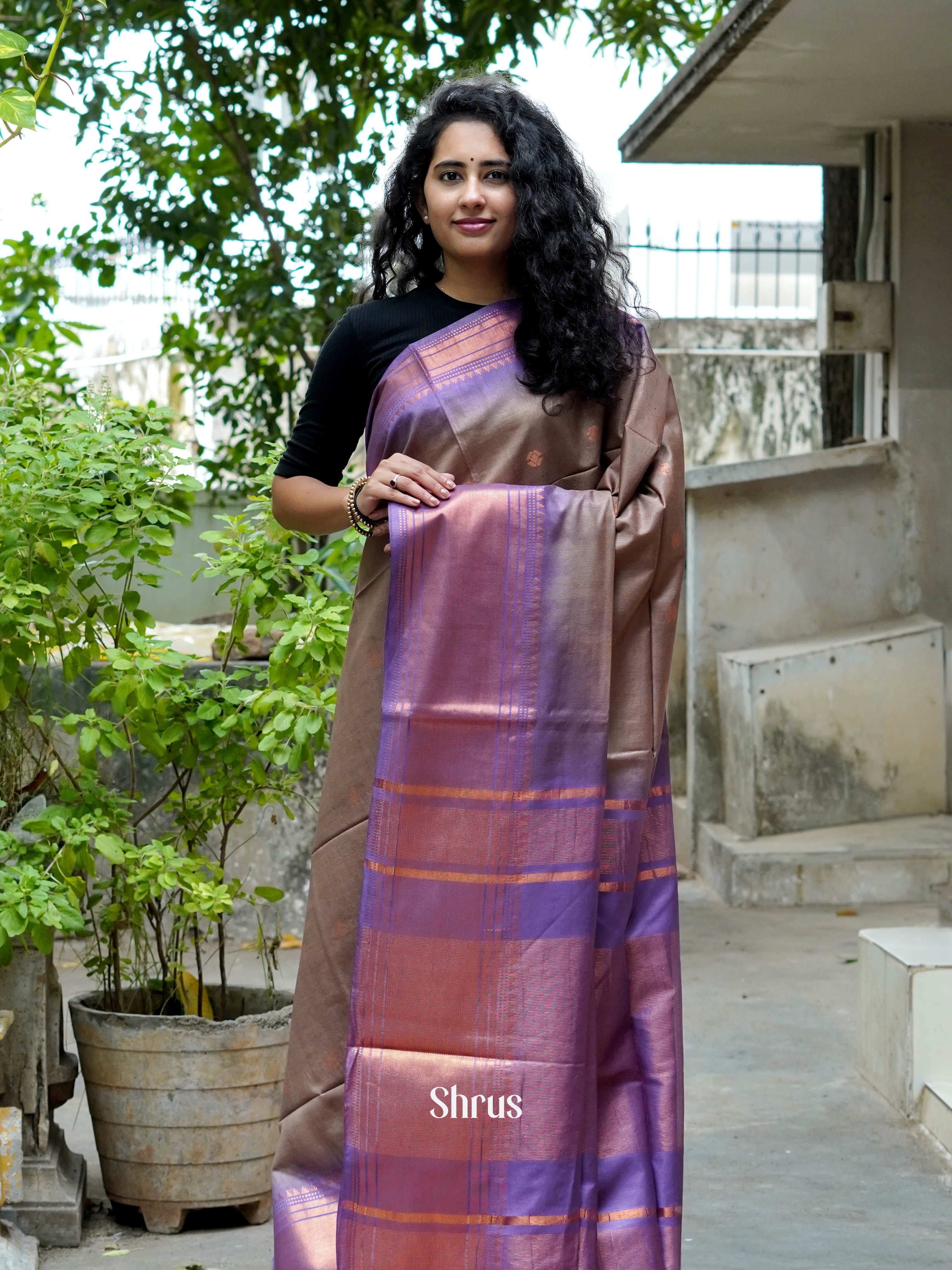 Grey & Purple - Semi Tussar Saree