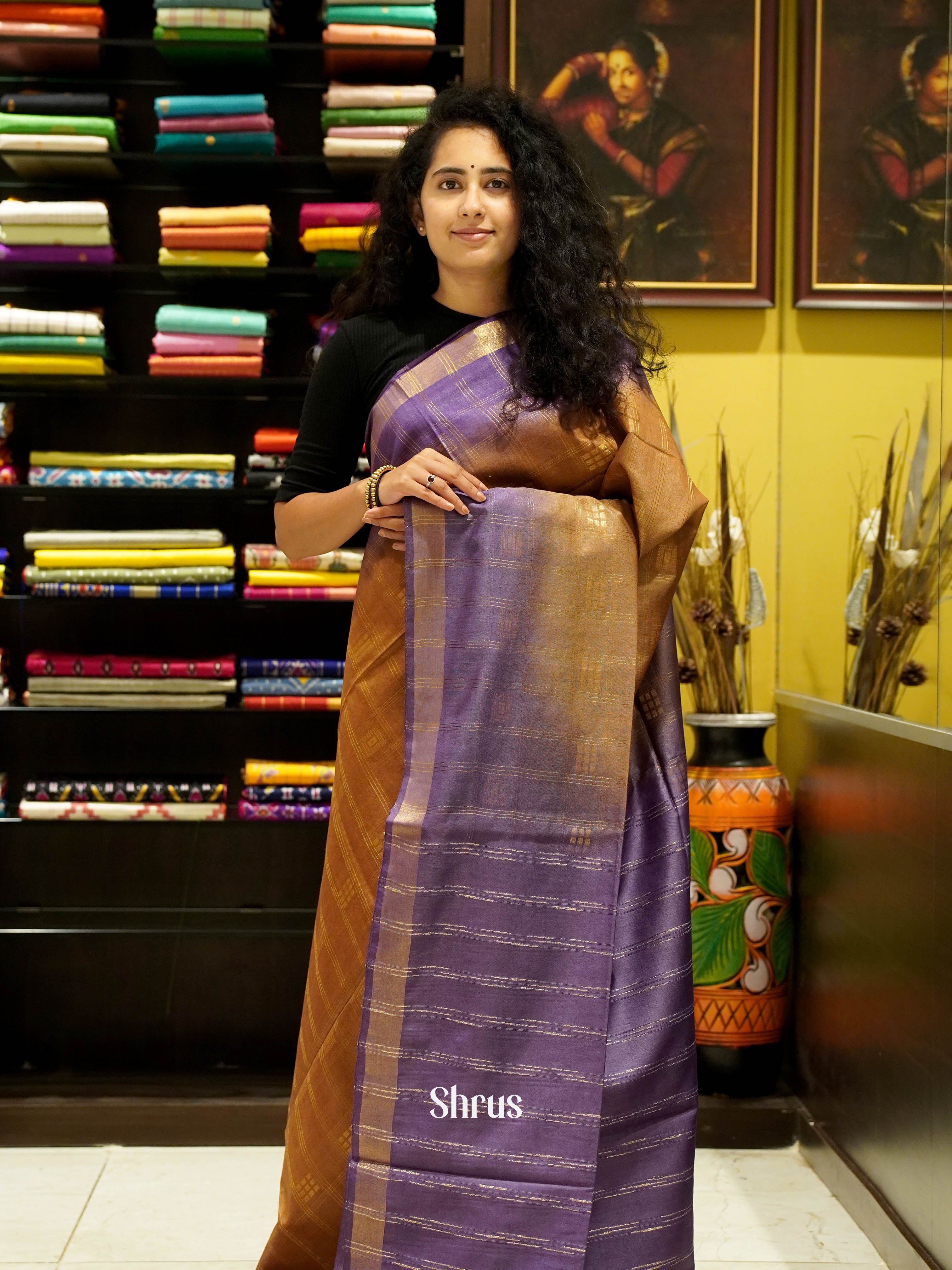 Brown &  Violet - Semi Tussar Saree