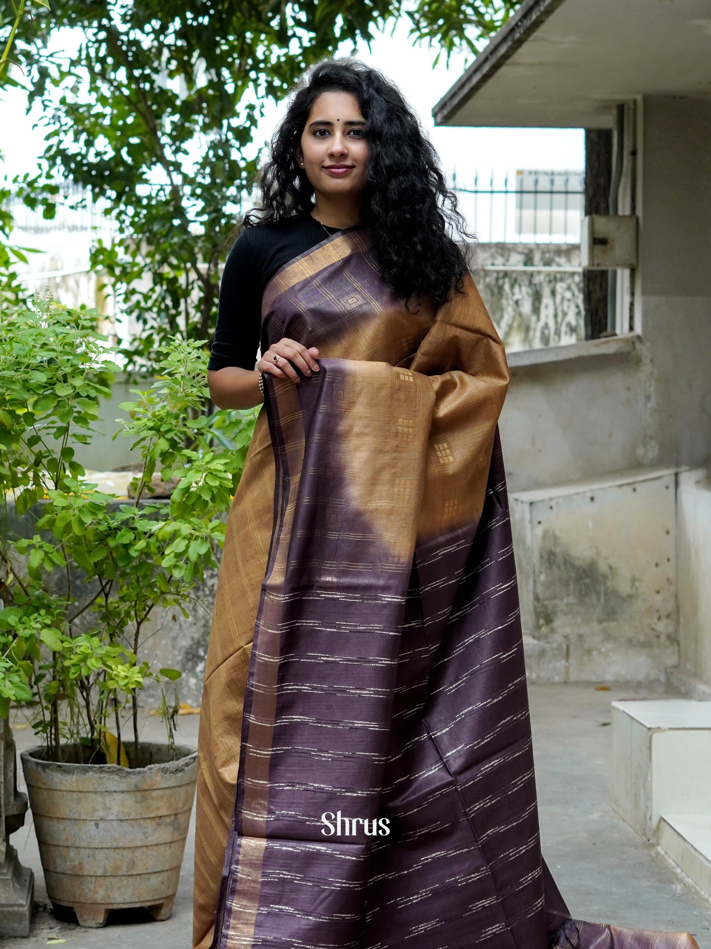 Brown & Violet - Semi Tussar Saree