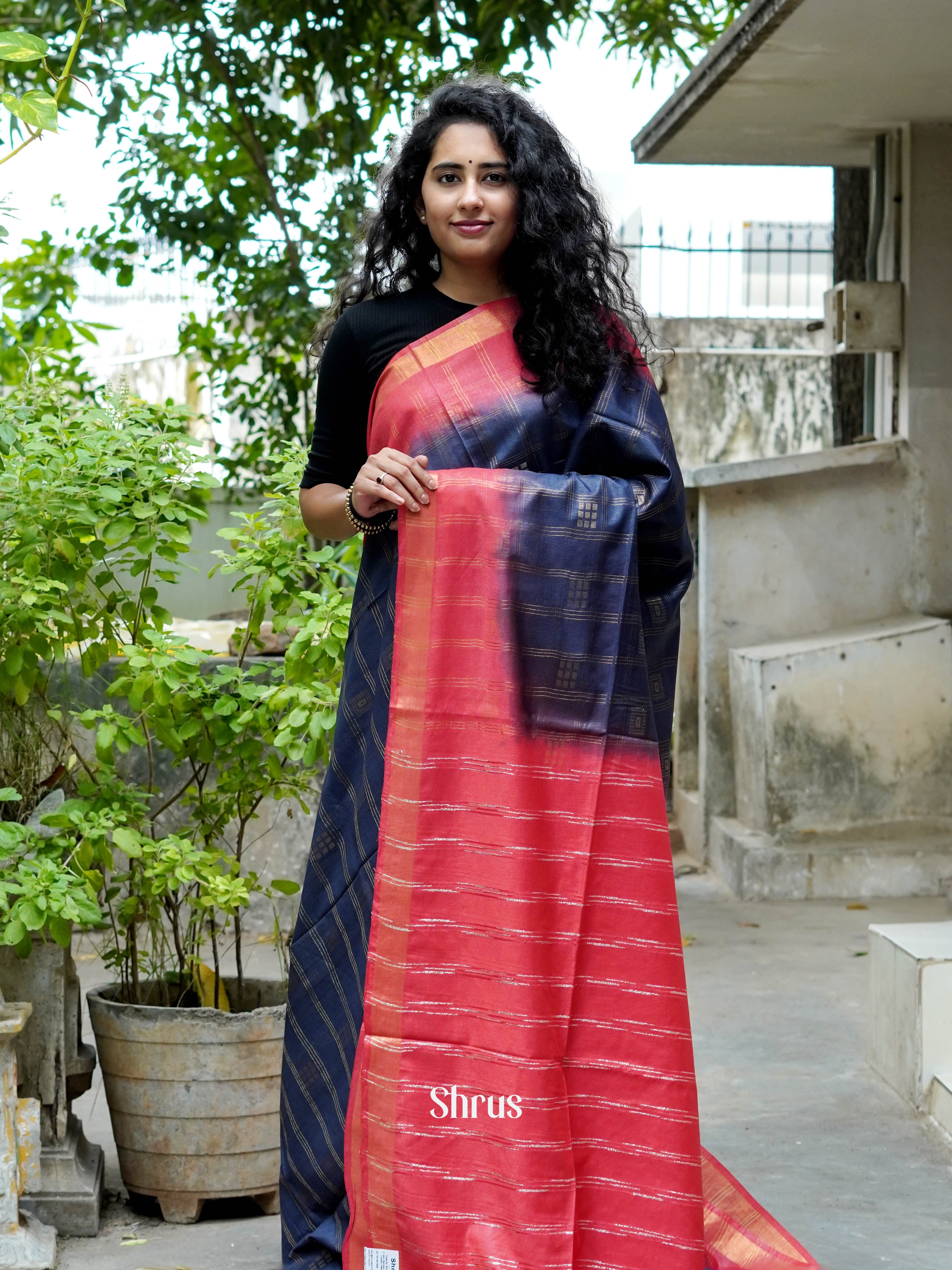 Blue & Red - Semi Tussar Saree