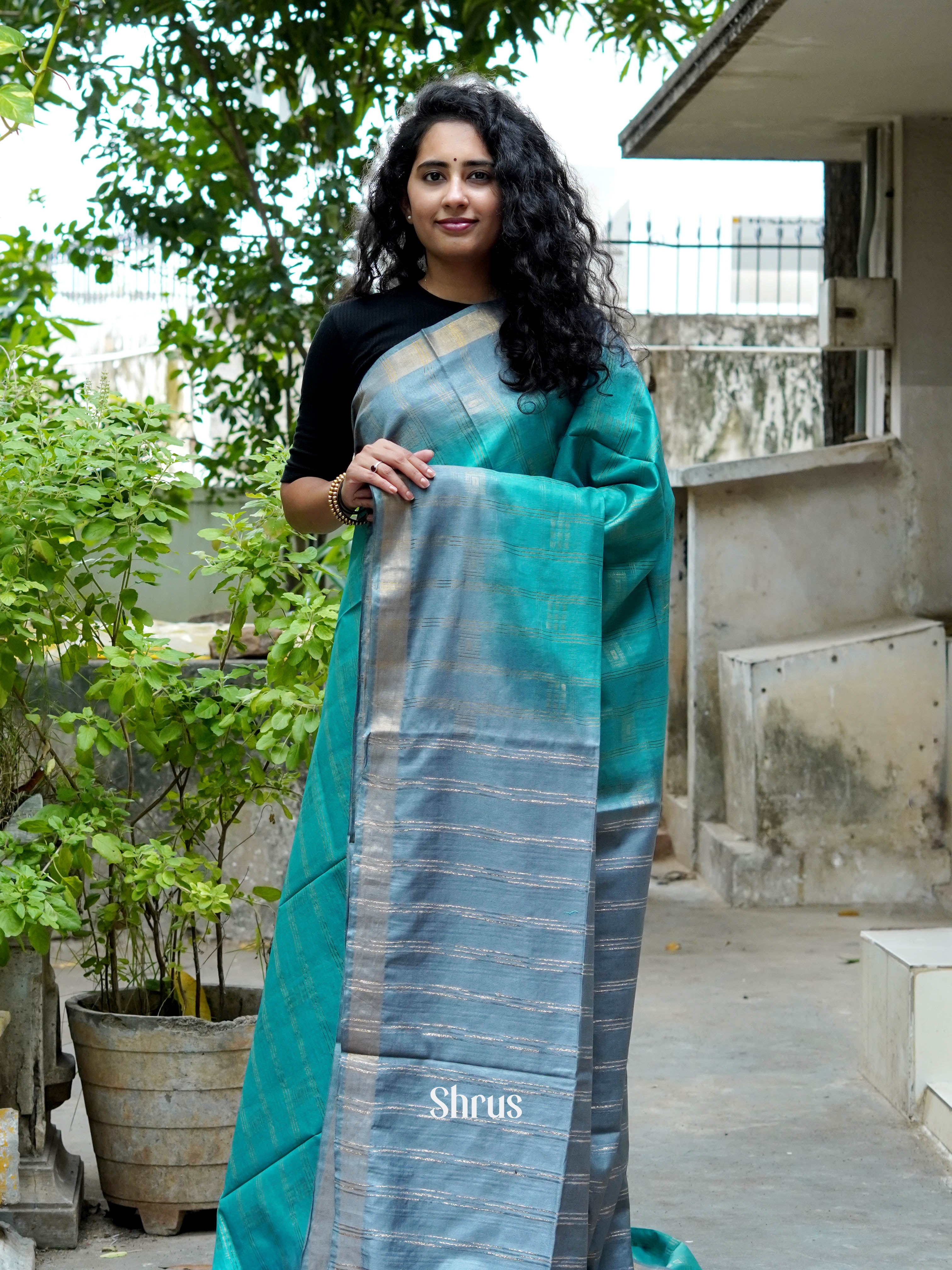 Teal & Grey - Semi Tussar Saree