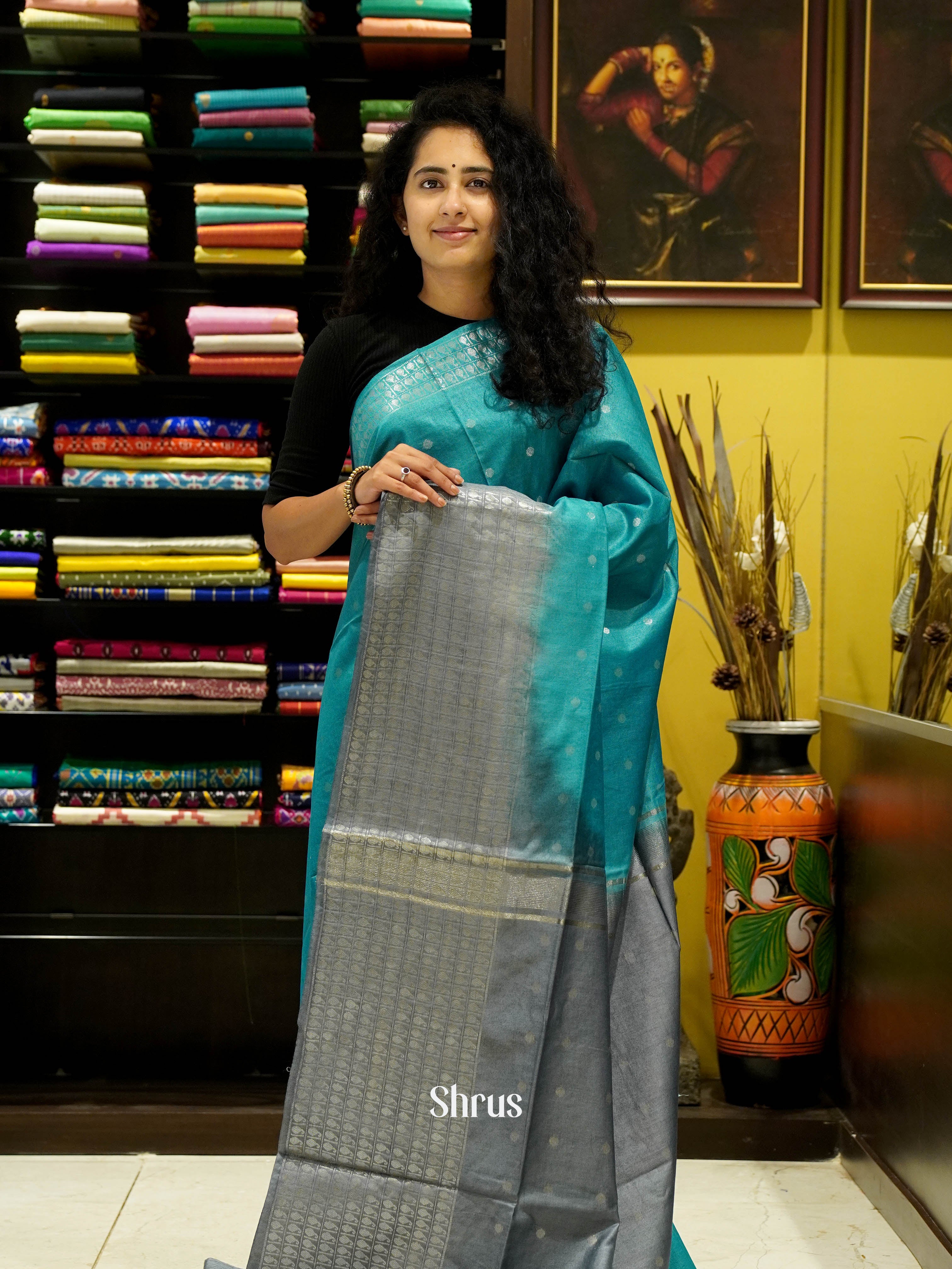 Teal &  Grey - Semi Tussar Saree