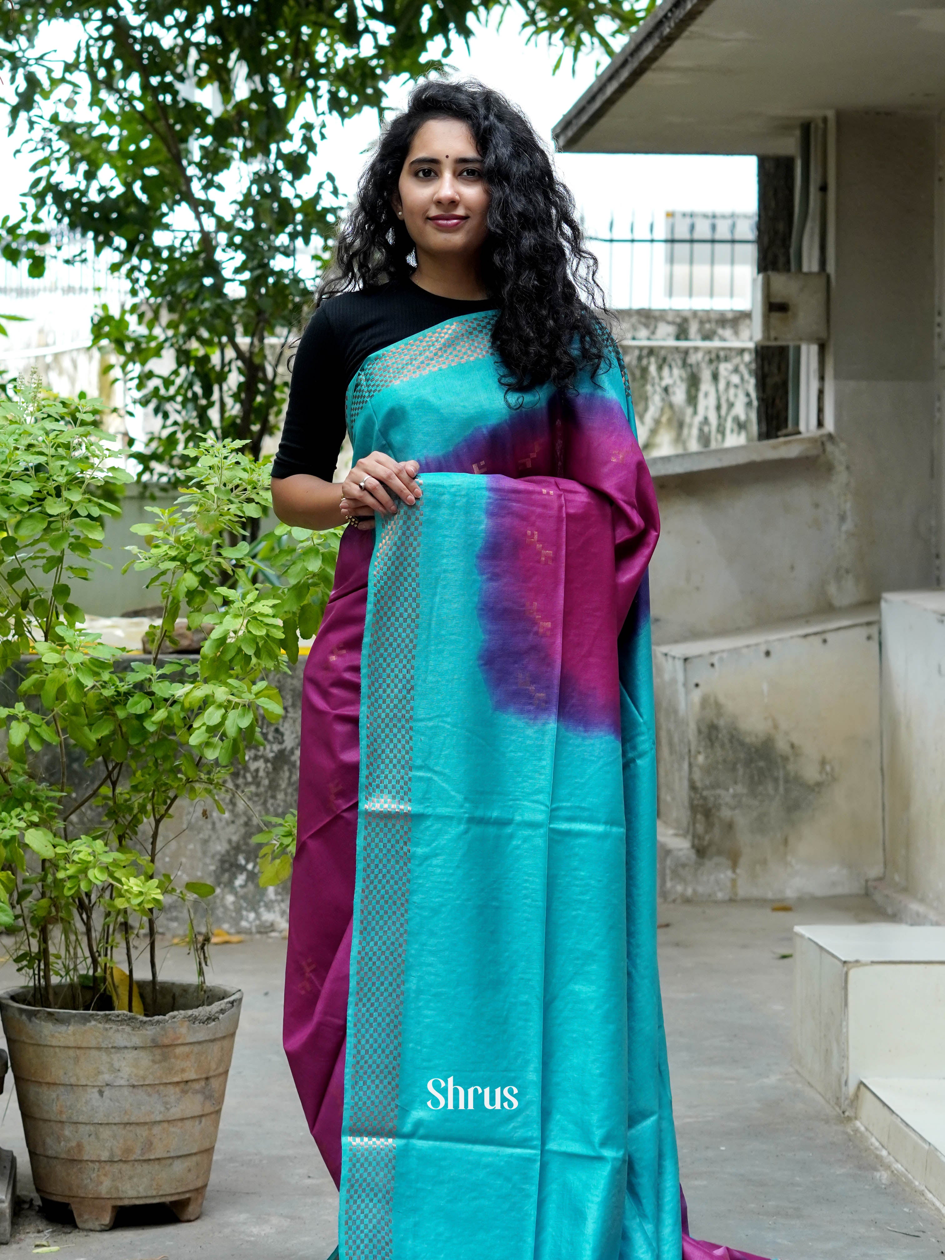 Purple & Teal - Semi Tussar Saree