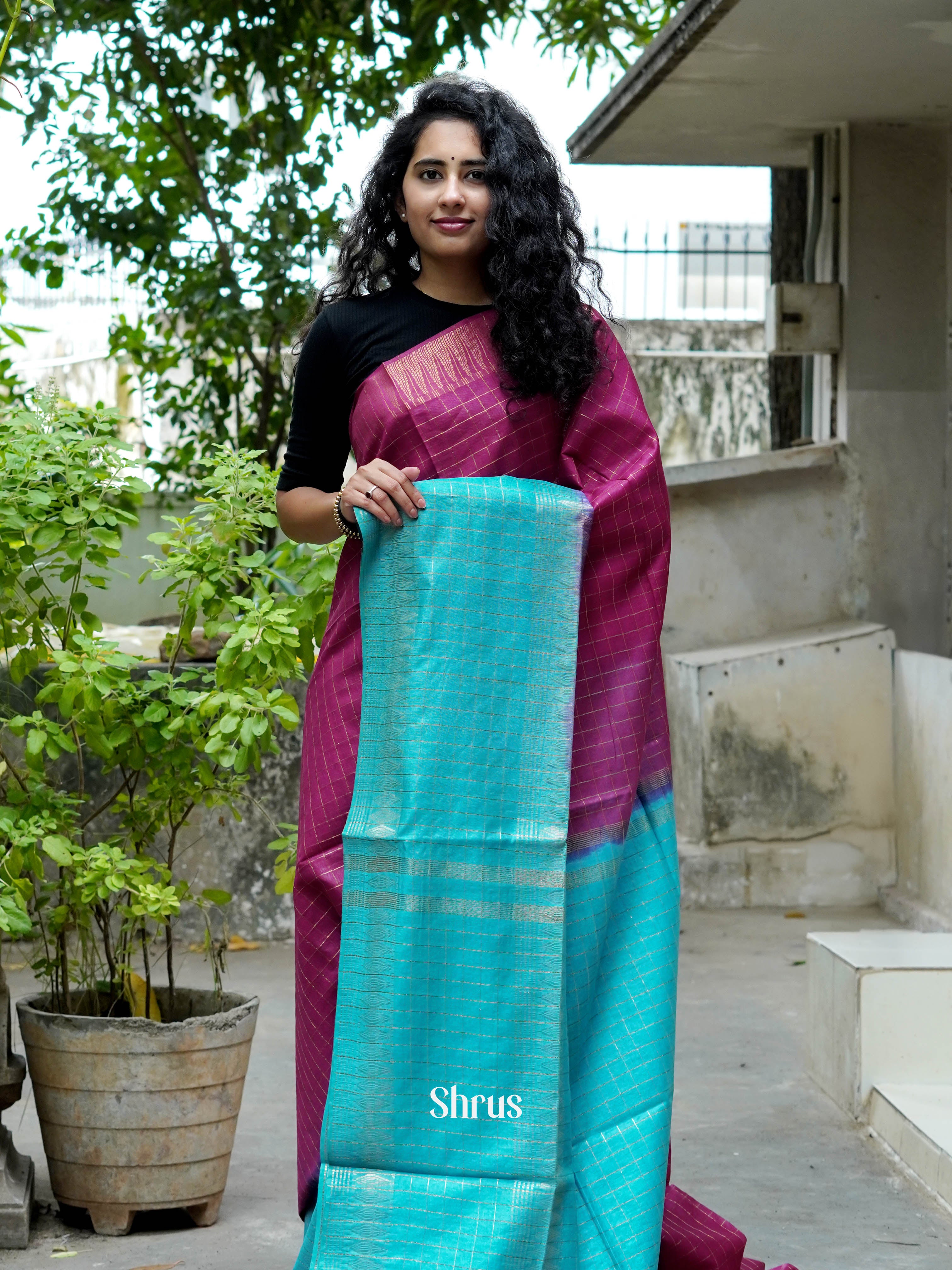 Purple  & Teal - Semi Tussar Saree