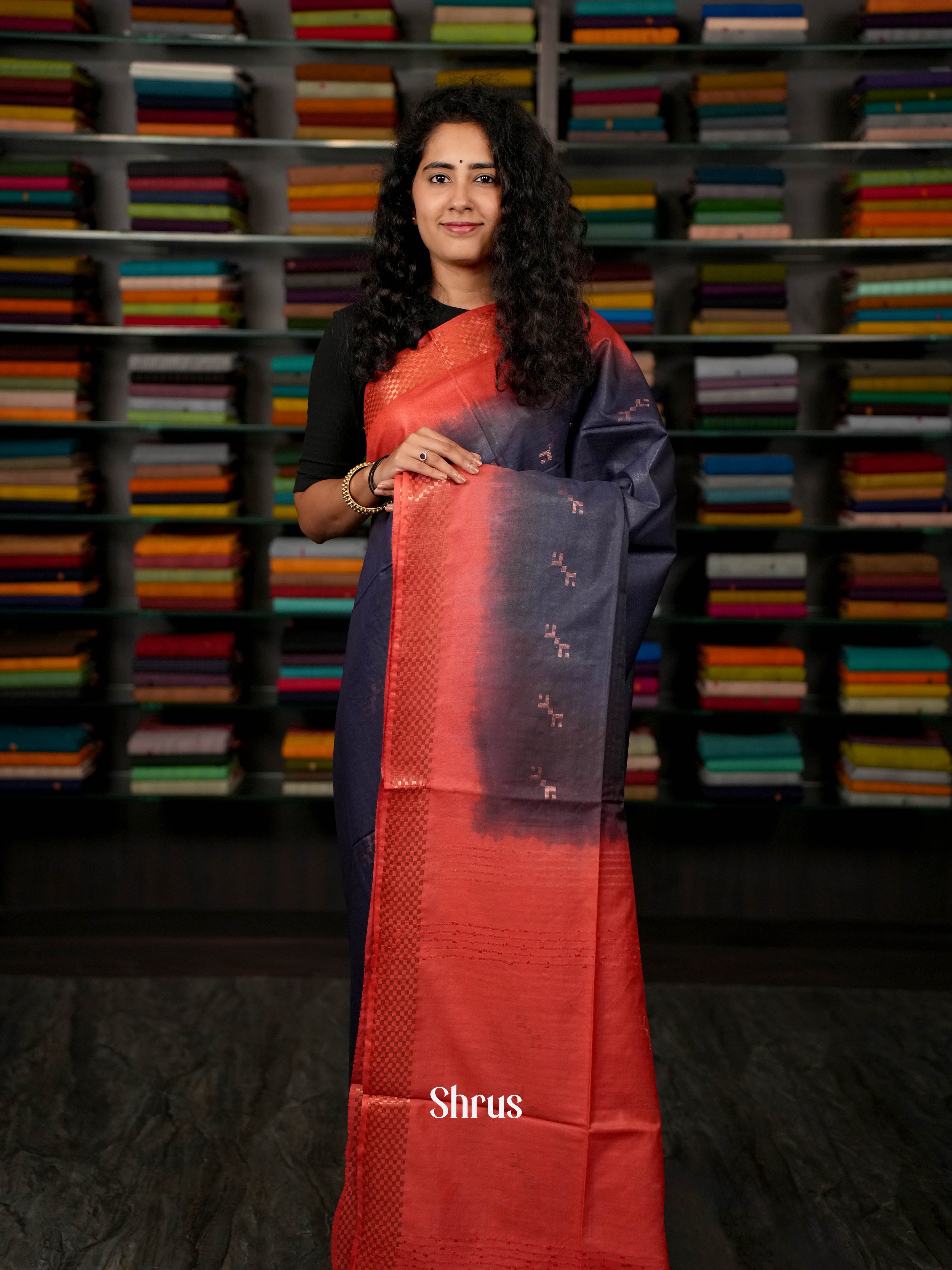 Blue & Red  - Semi Tussar Saree