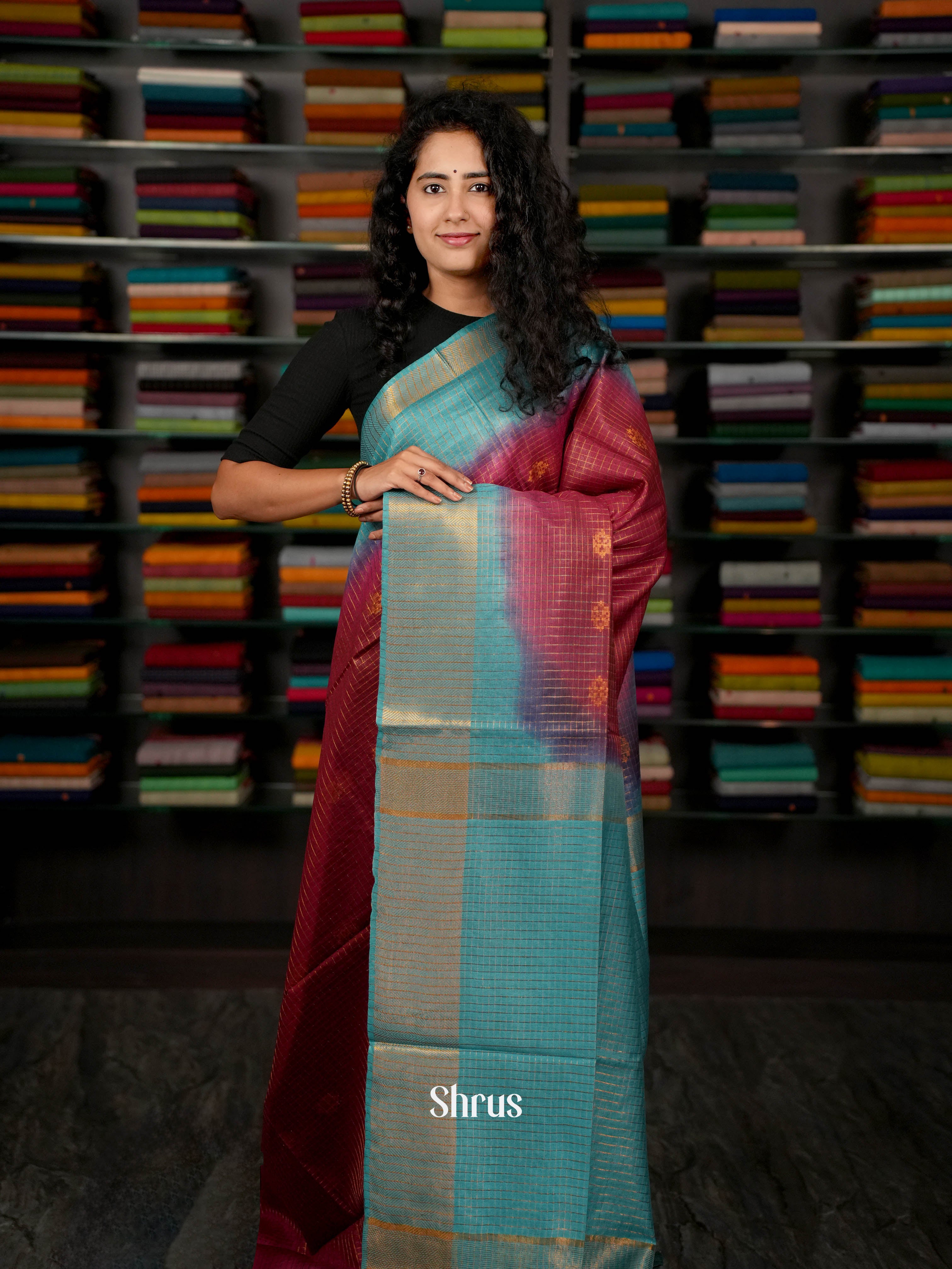 Maroon & Teal - Semi Tussar Saree