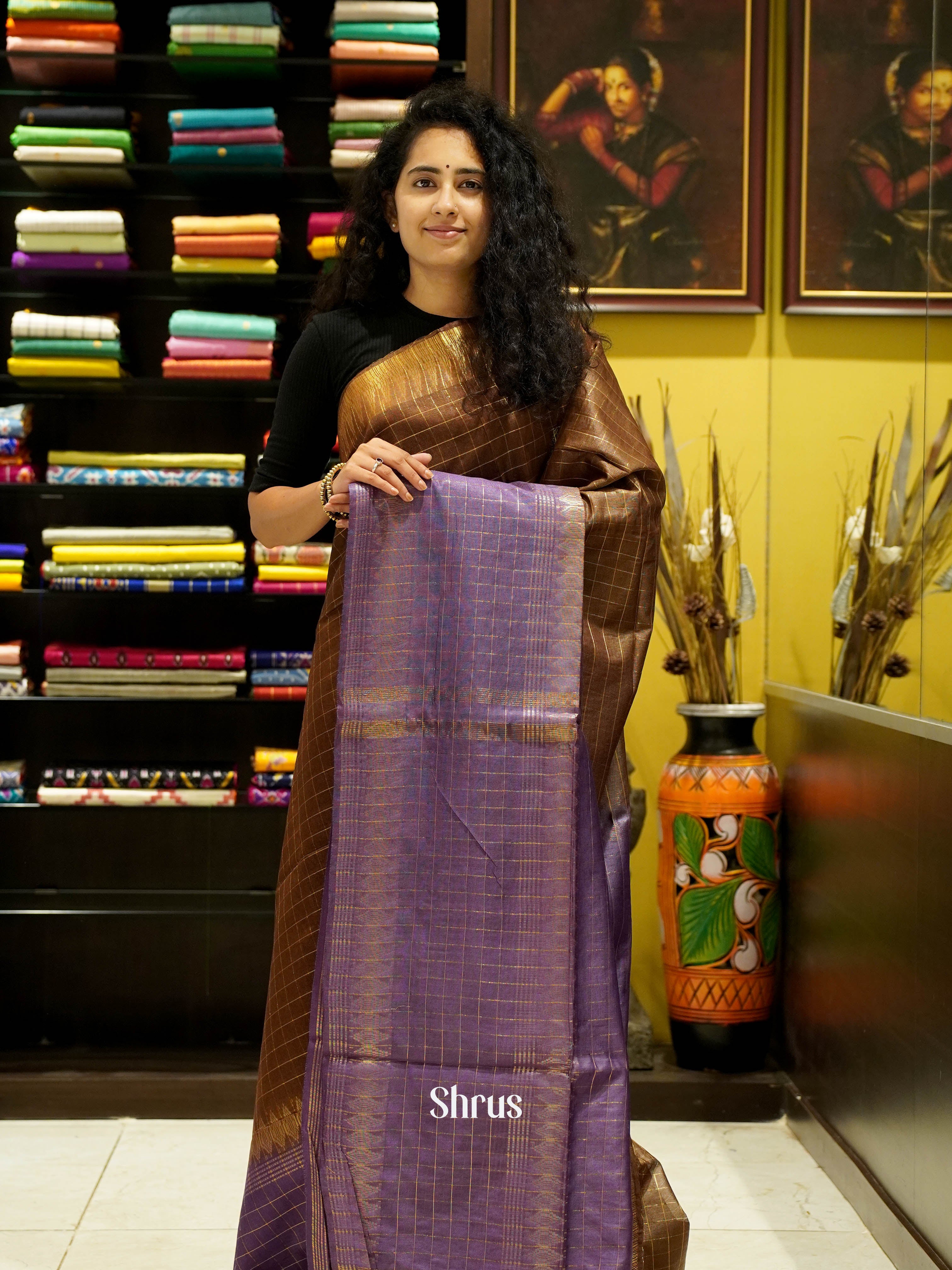 Brown &  Purple- Semi Tussar Saree