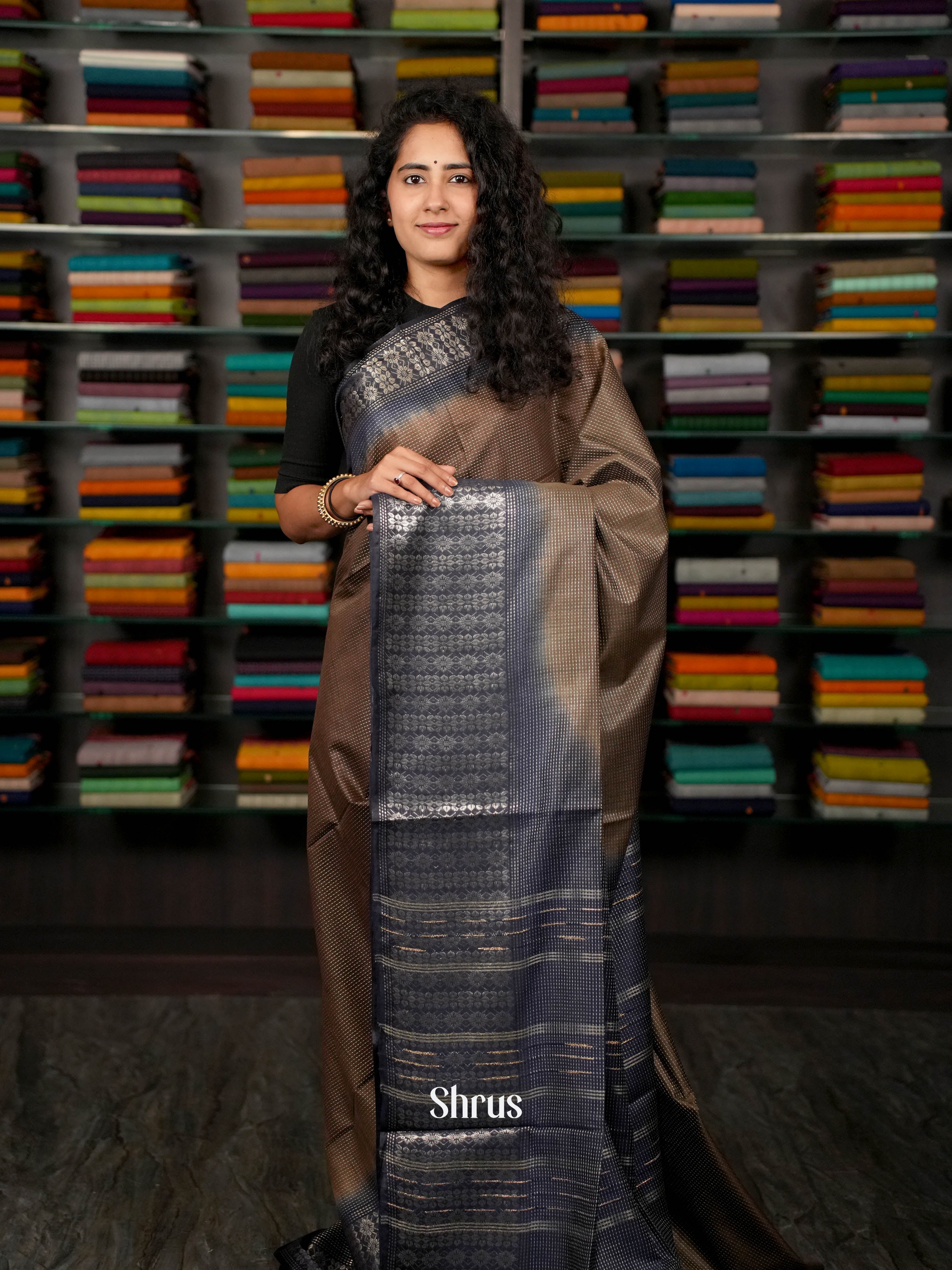 Brown & Navy Blue - Semi Tussar Saree