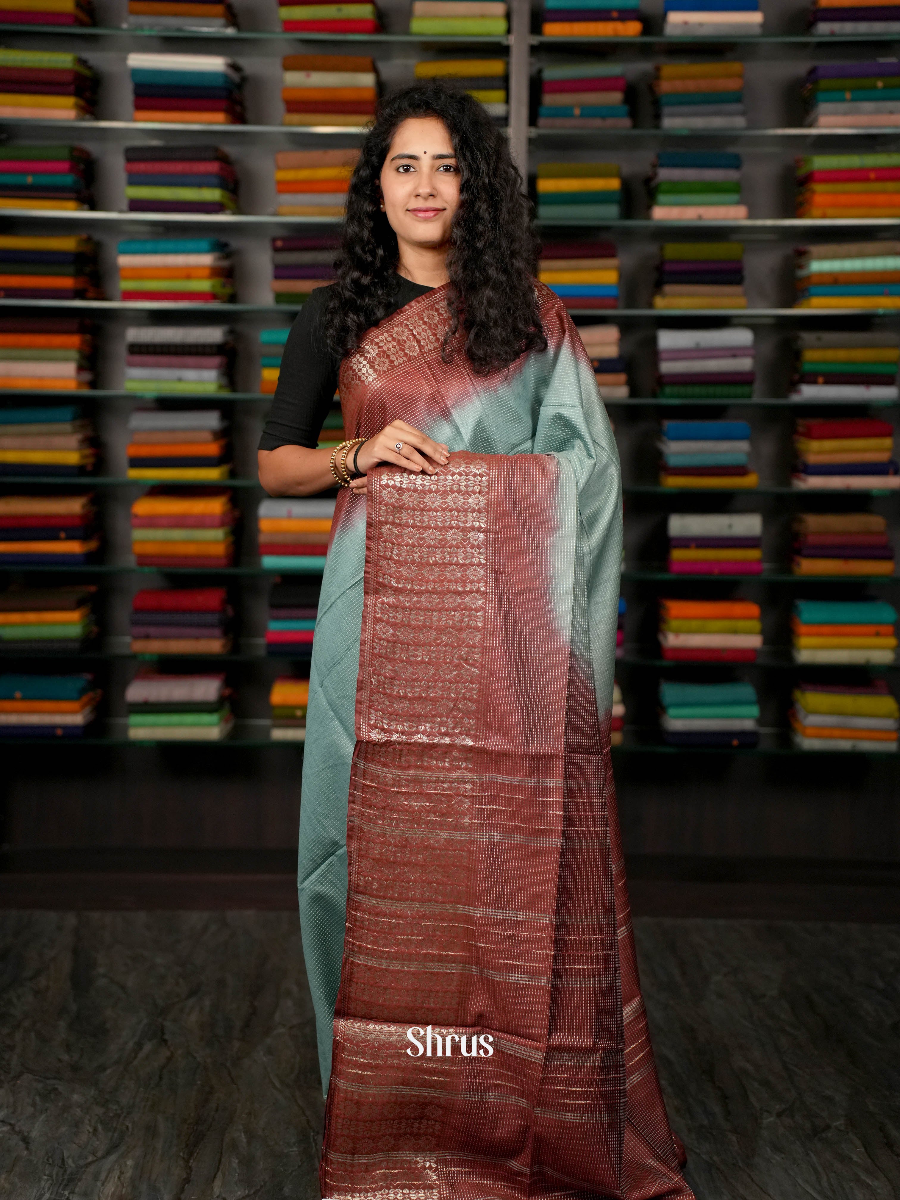 Teal & Brown  - Semi Tussar Saree