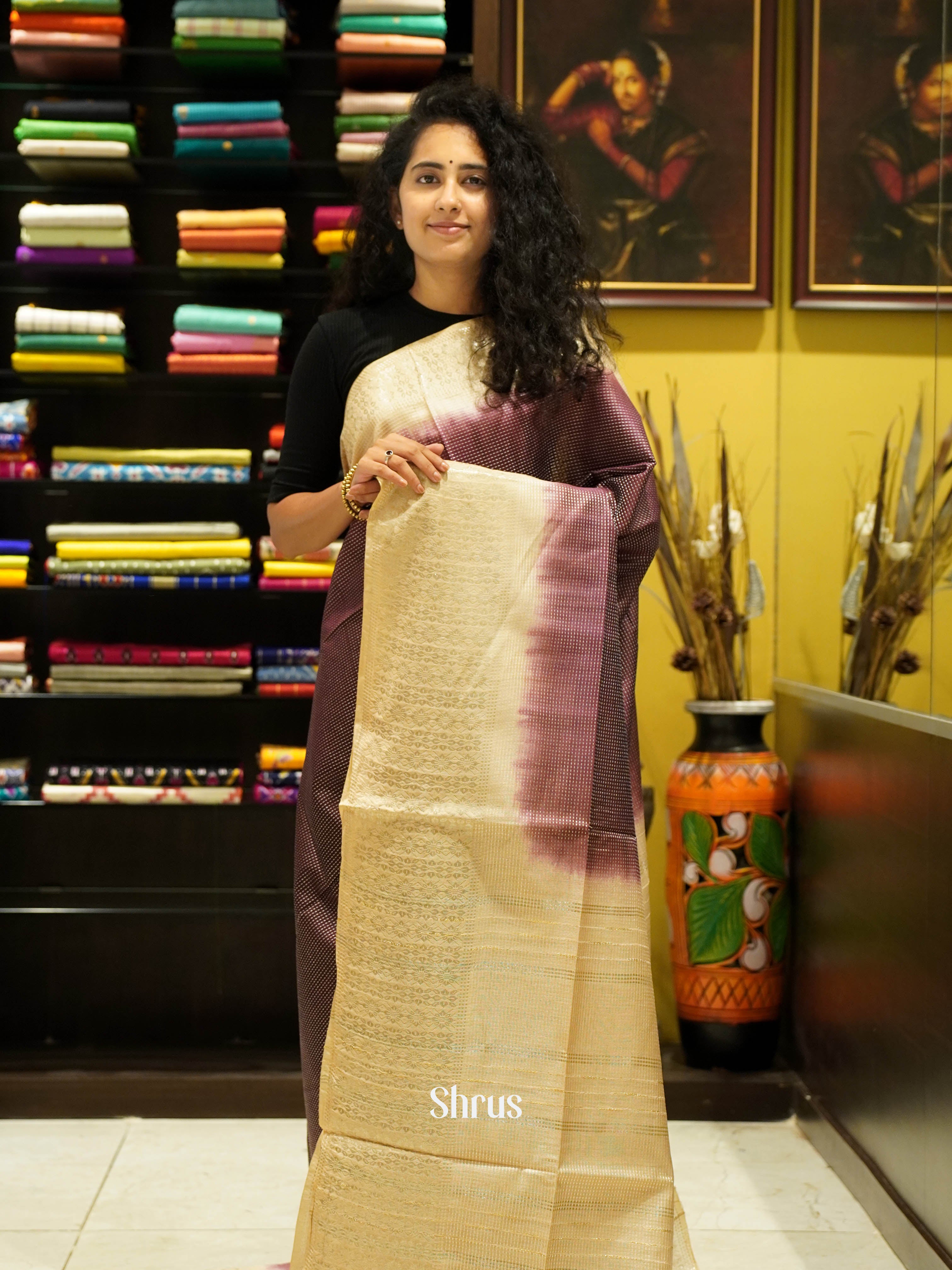 Purple  & Cream - Semi Tussar Saree