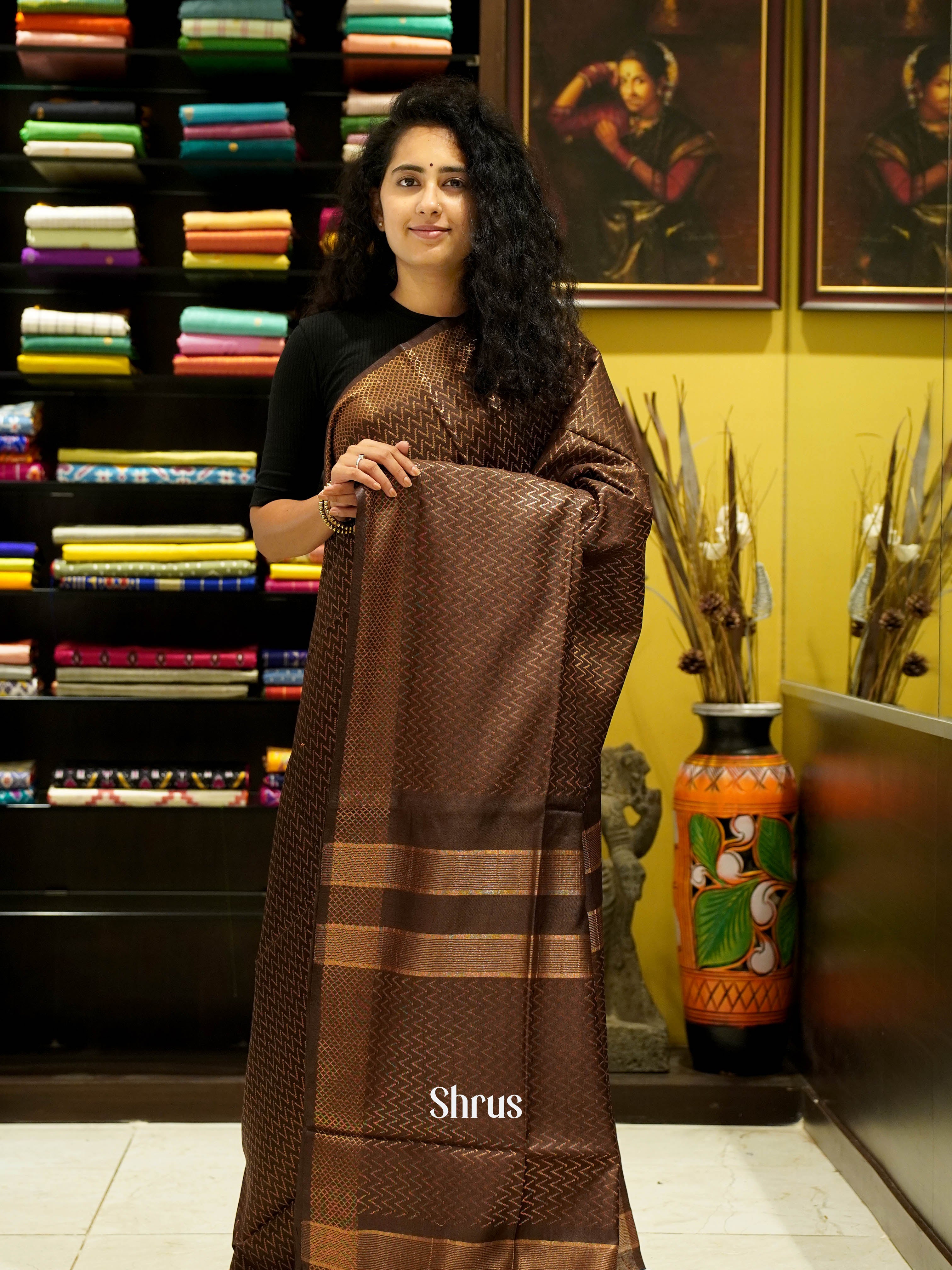 Brown(Single tone) - Semi Tussar Saree