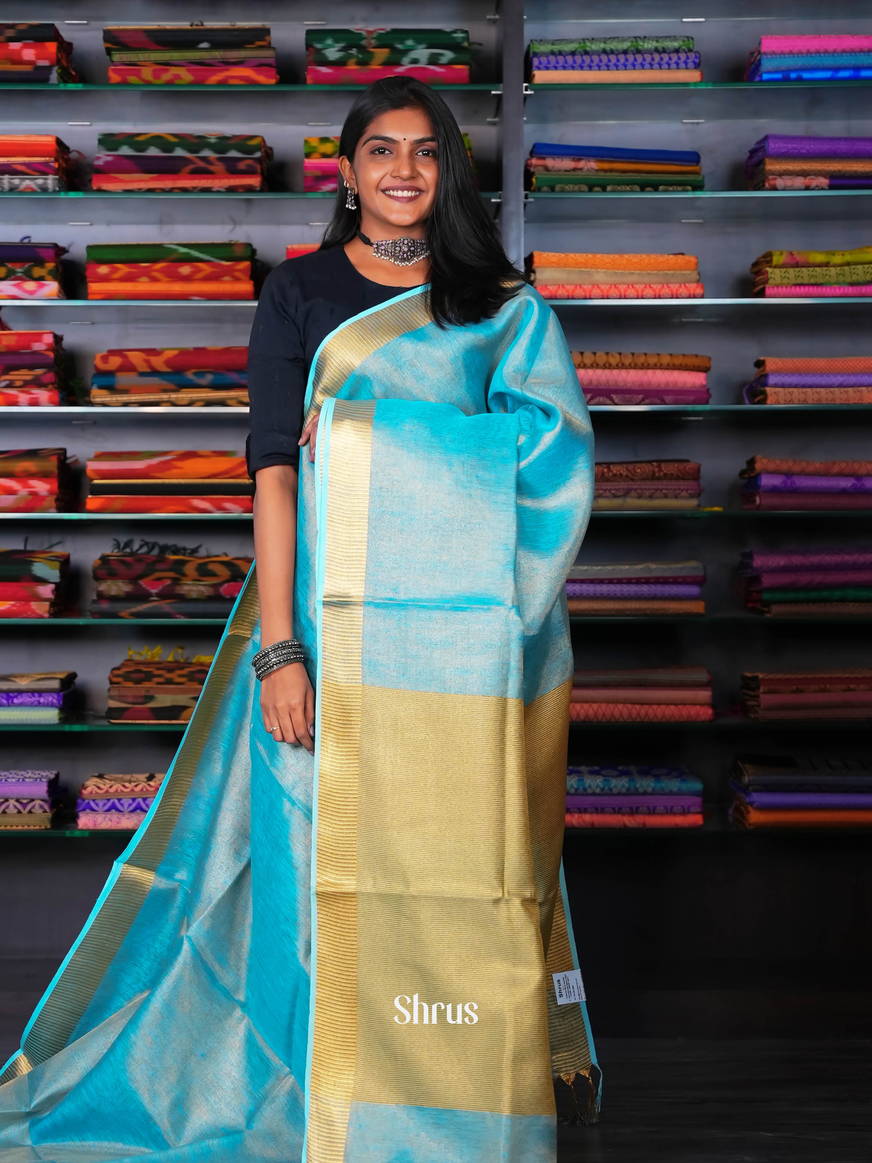 Sky Blue & Gold - Linen Saree