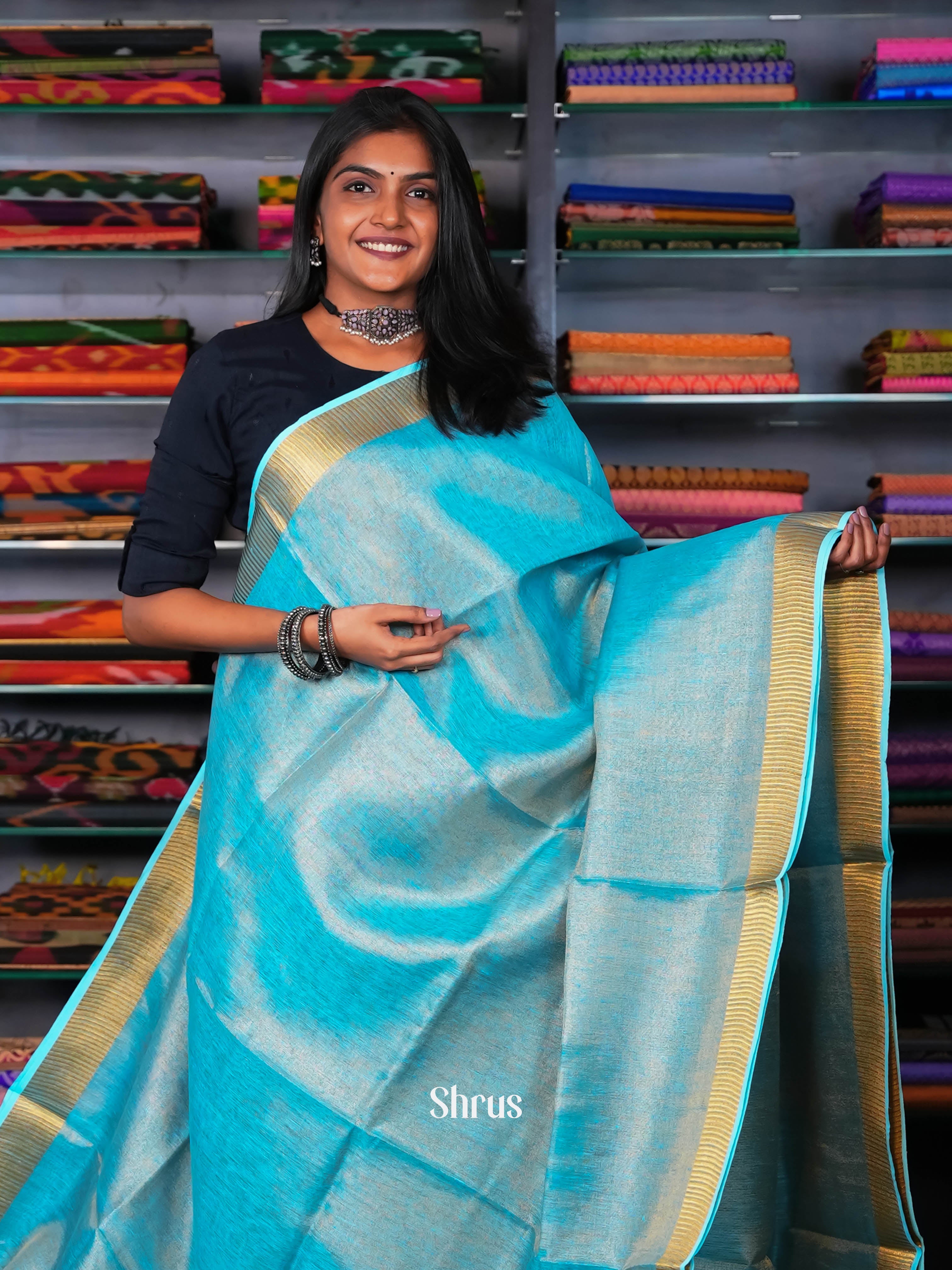 Sky Blue & Gold - Linen Saree