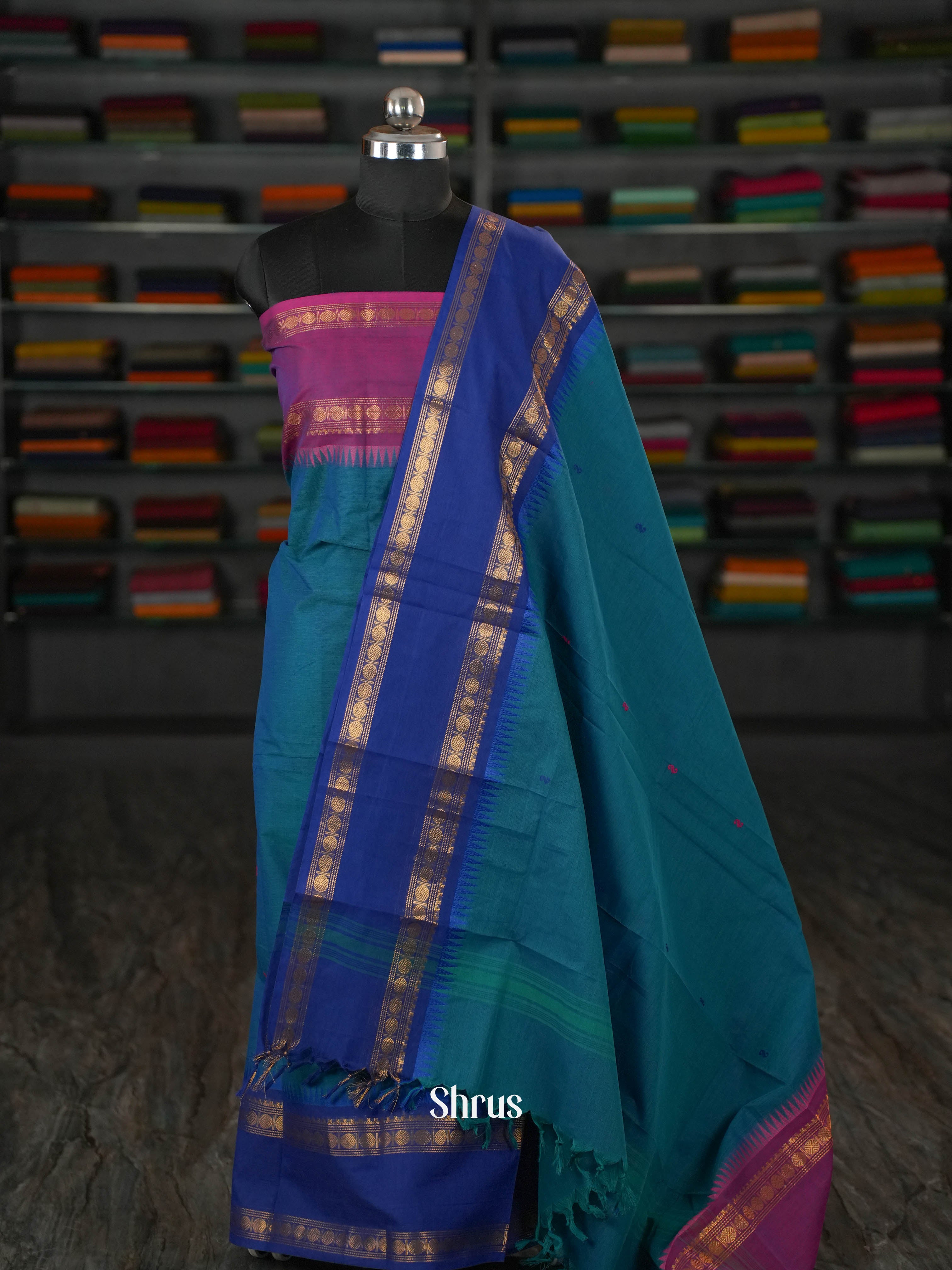 Teal & Blue - chettinad top & dupatta combo