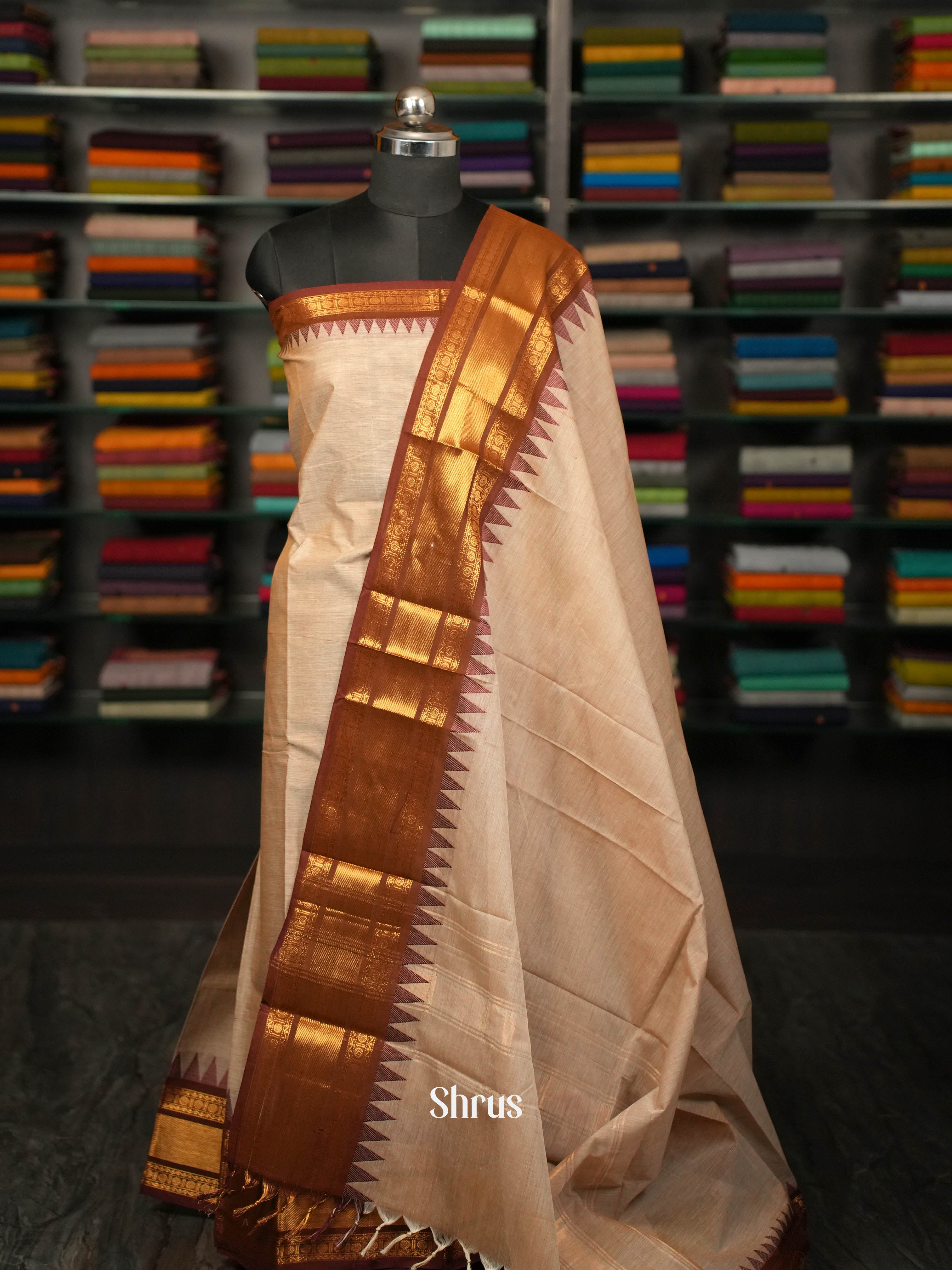 Cream & Brown - chettinad Top & dupatta combo