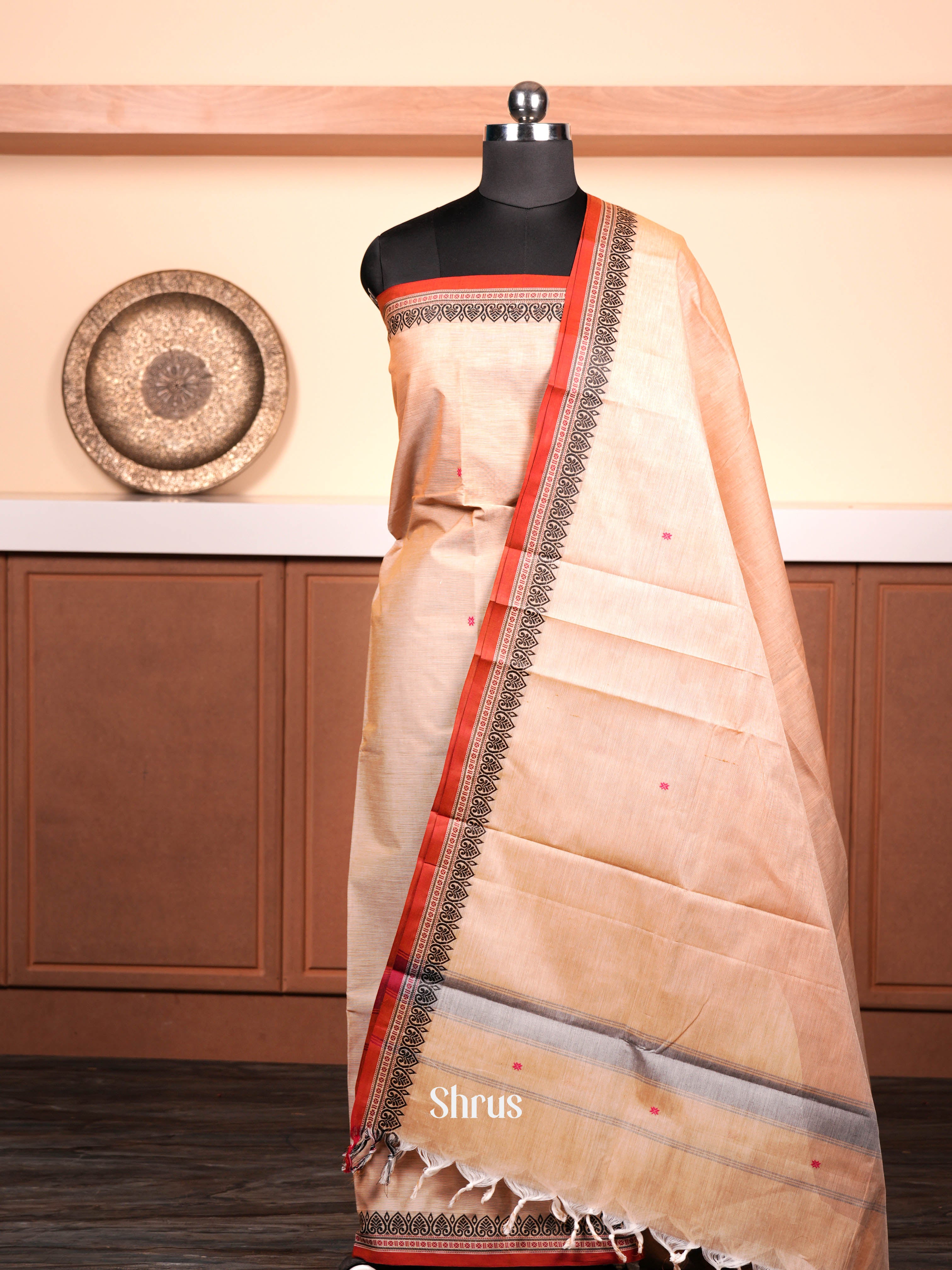 Cream & Red   - chettinad top & dupatta combo