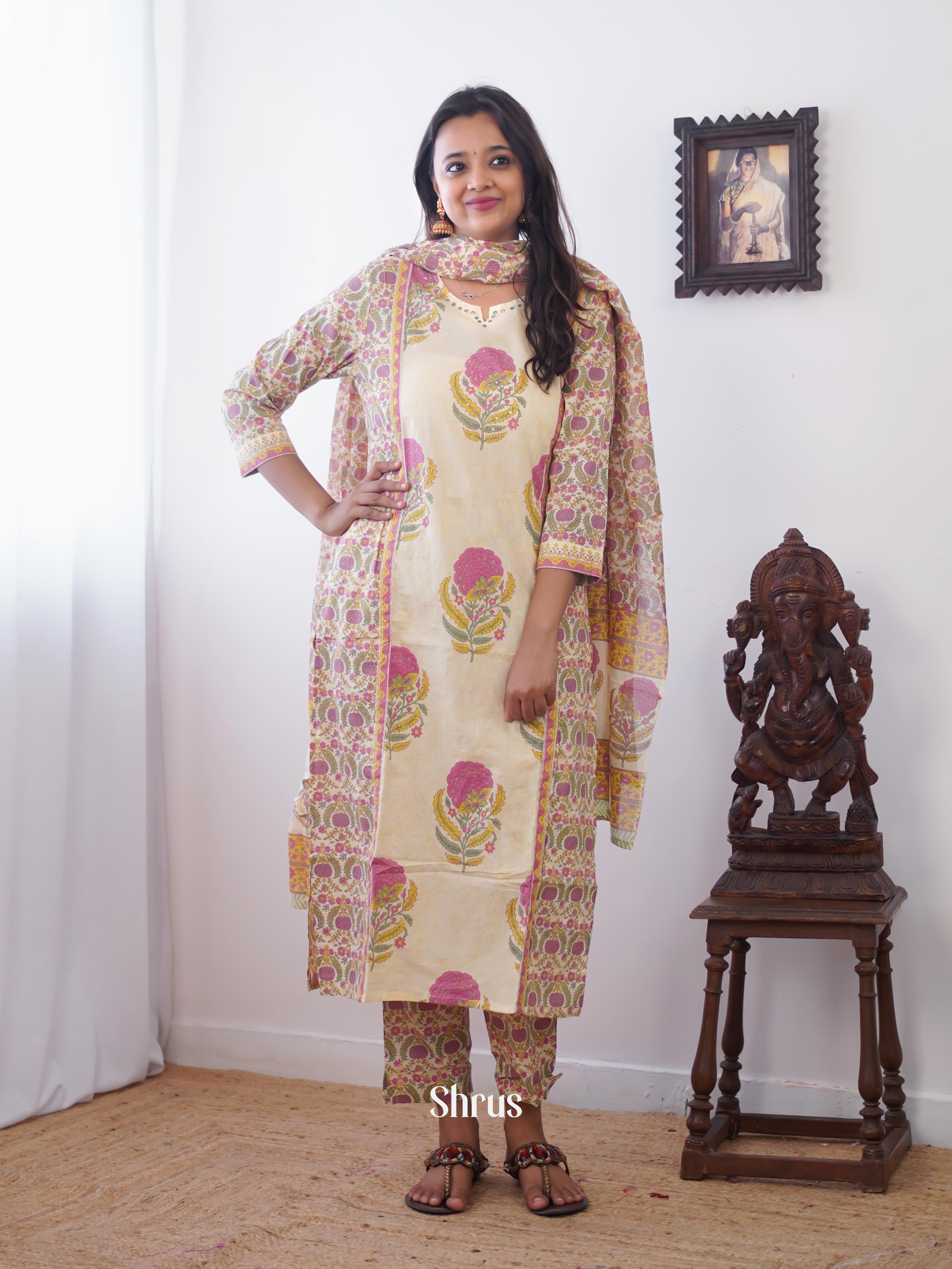 Cream and Pink - 3pc Readymade Suits