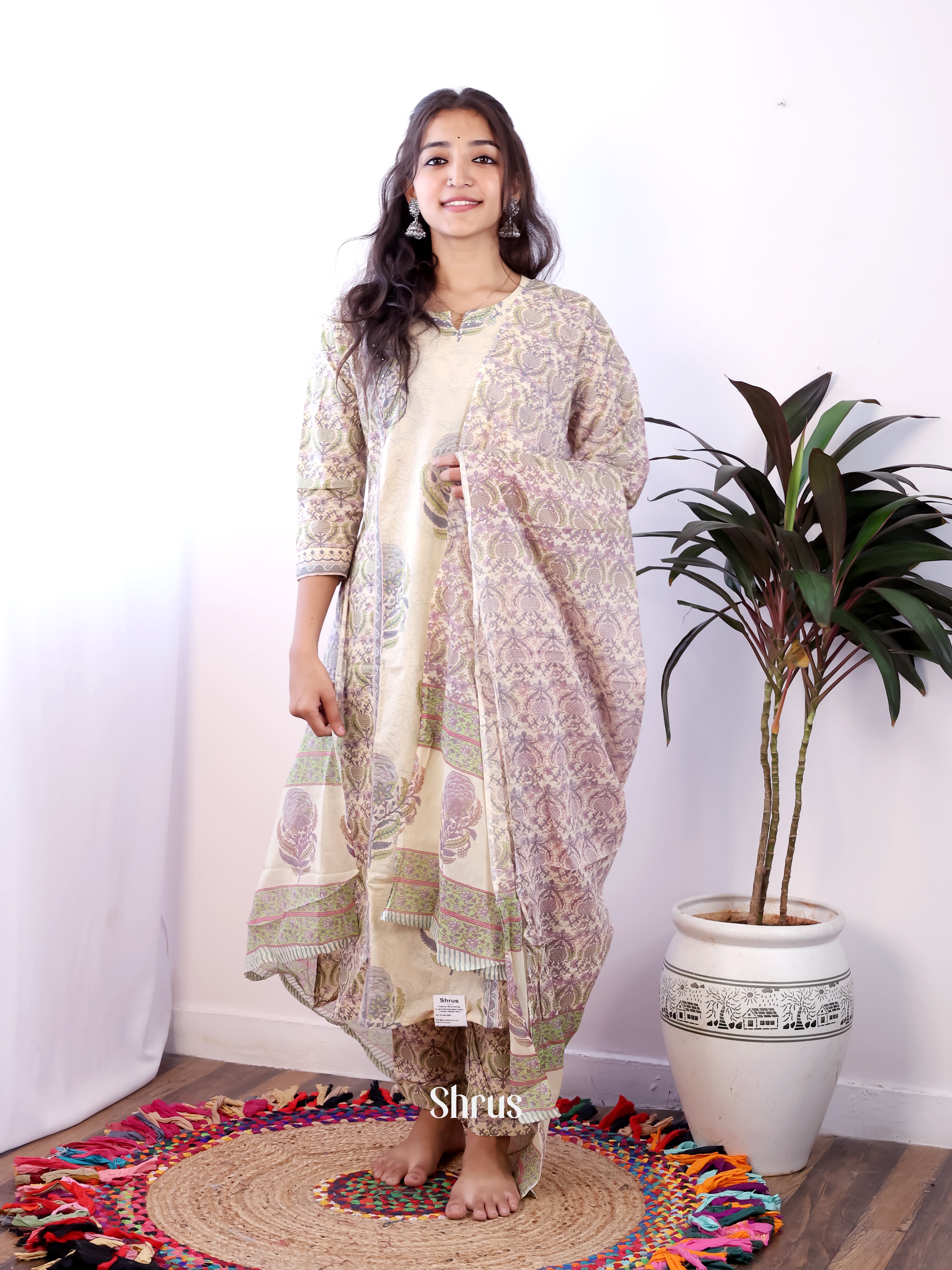 Cream & Purple- 3pc floral printed  Readymade Suits