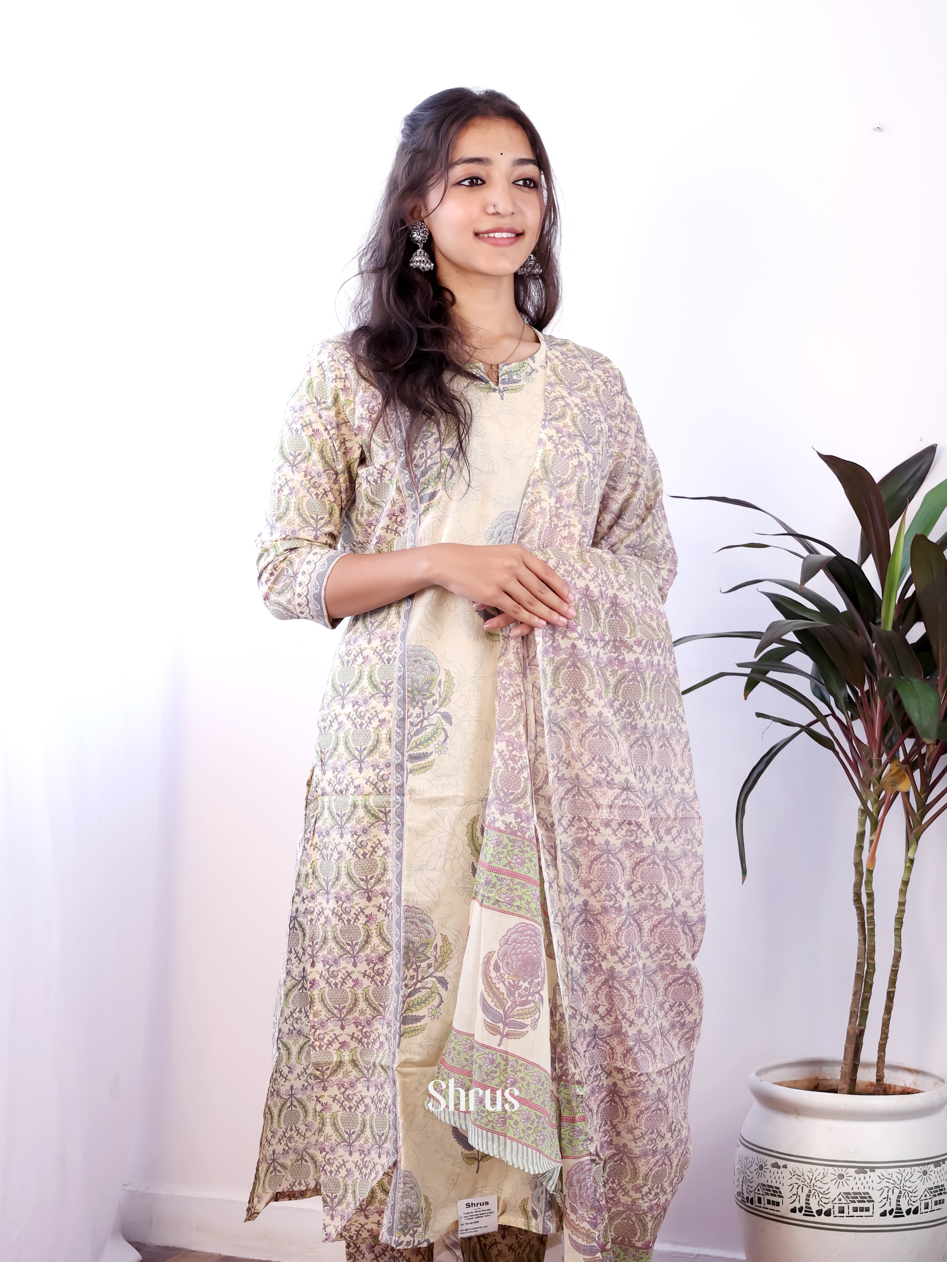 Cream & Purple- 3pc floral printed  Readymade Suits