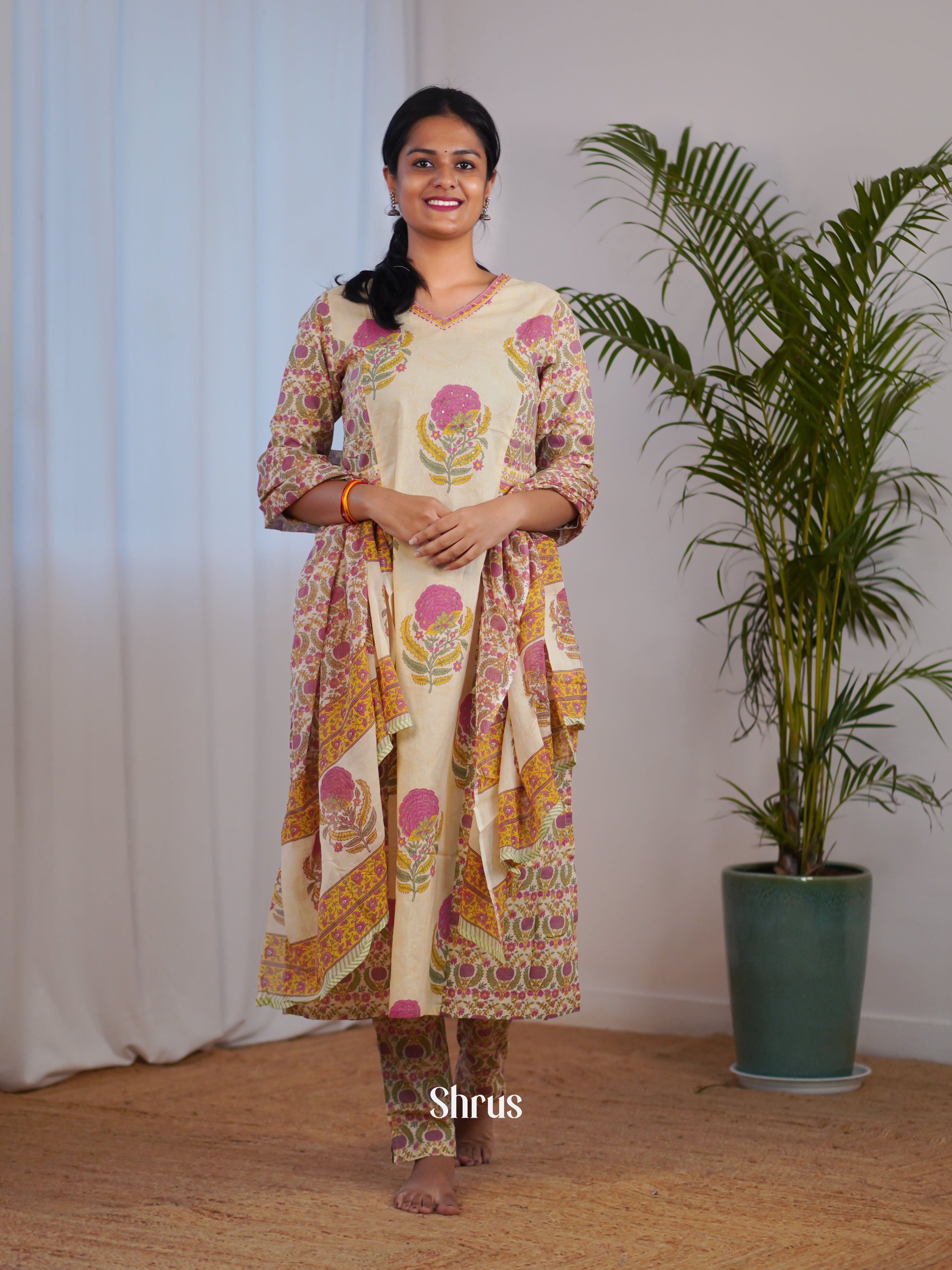 Cream & Pink - 3pc printed Readymade Suits