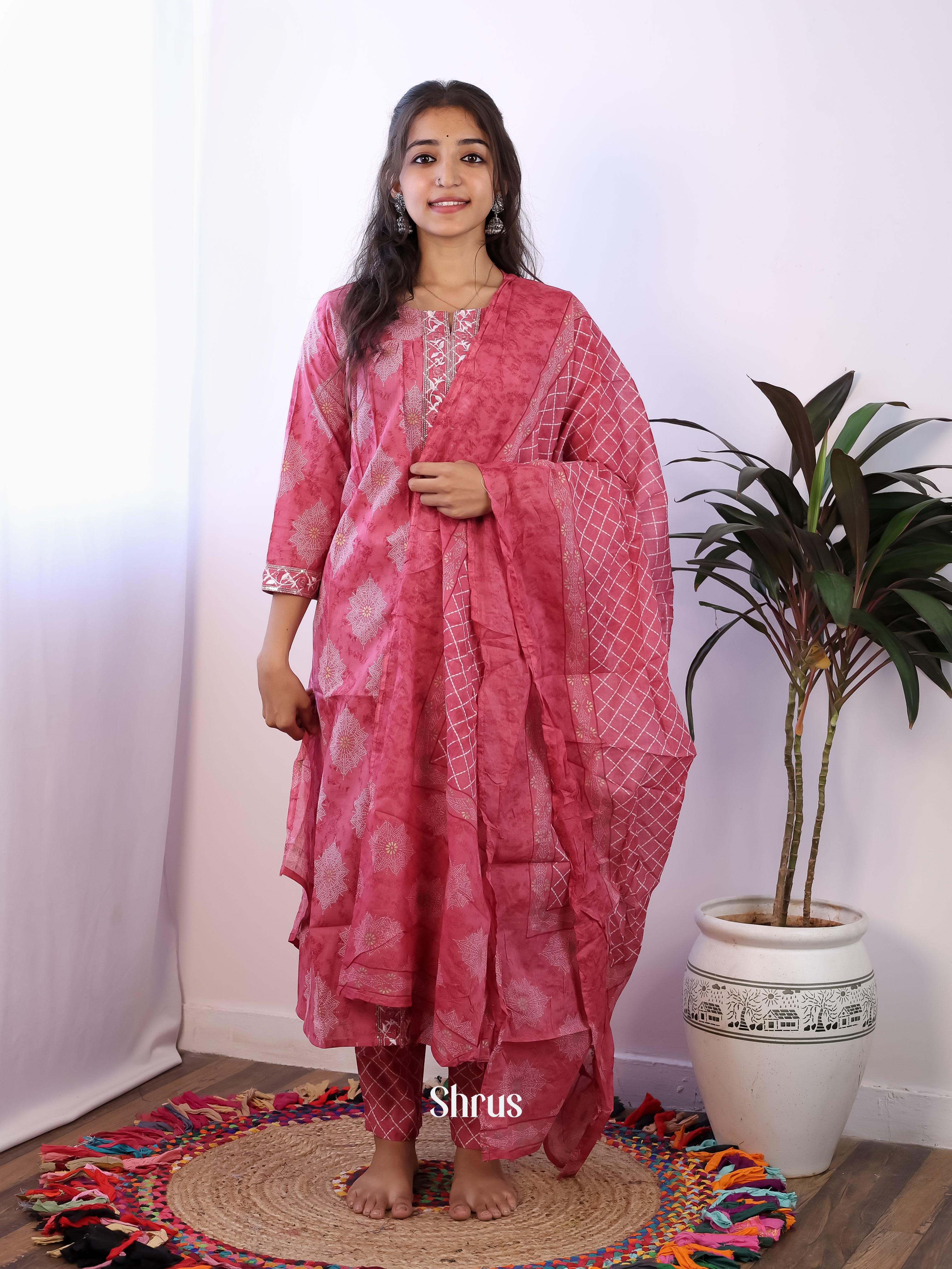 Pink -3pc Cotton  Readymade Suits