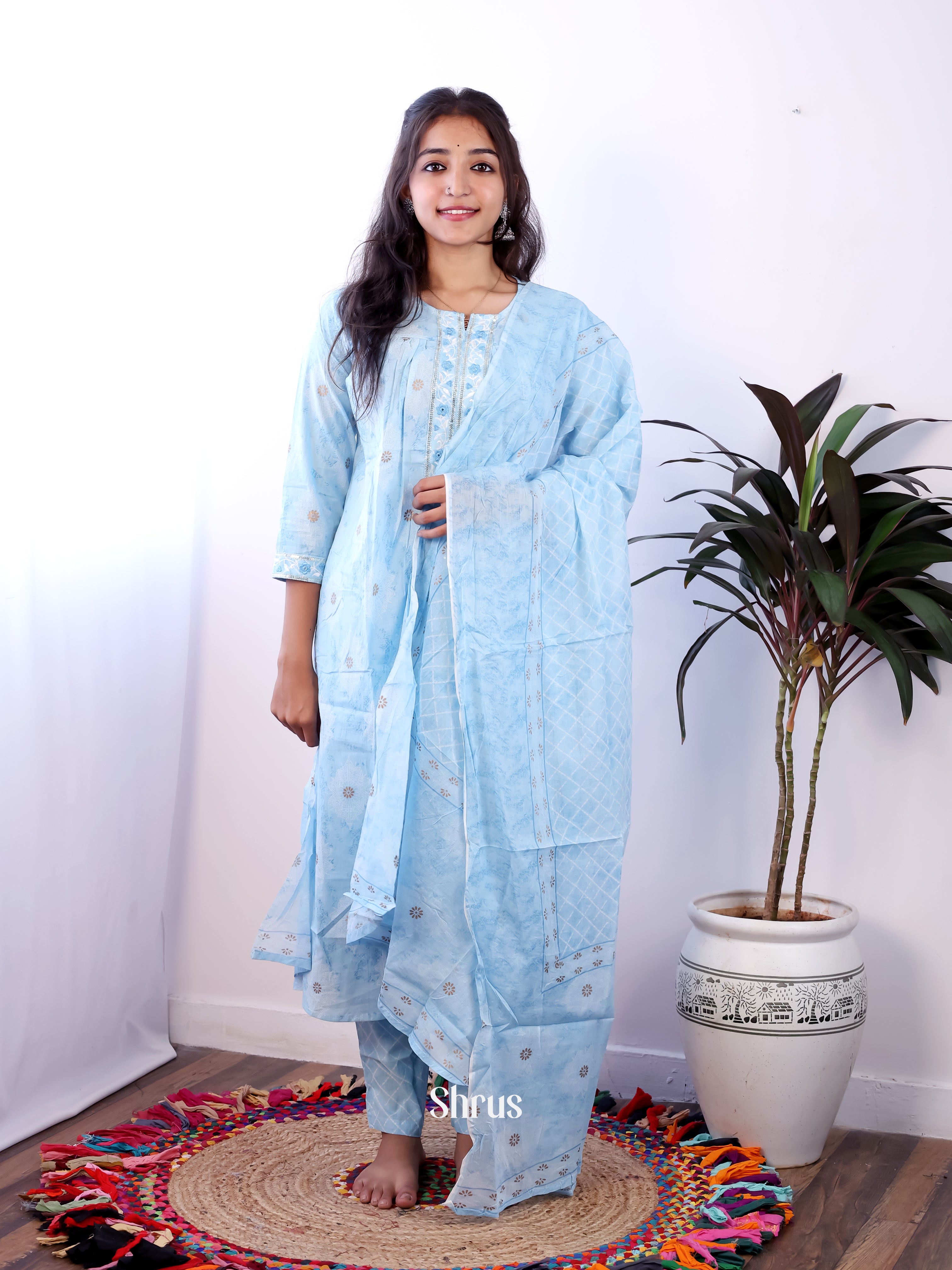 Blue - 3pc Cotton Readymade Suits