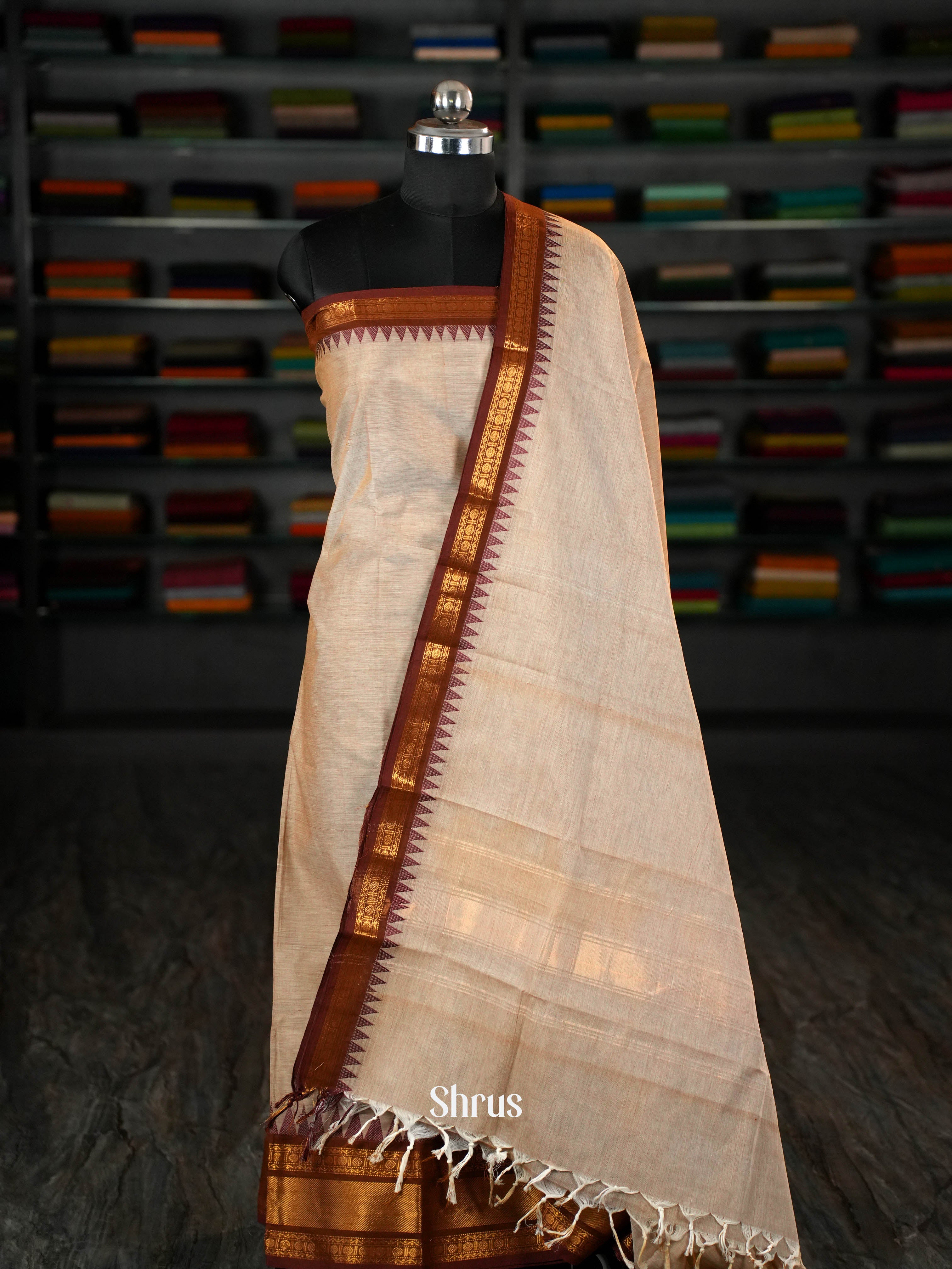 Cream & Brown - chettinad top & dupatta combo