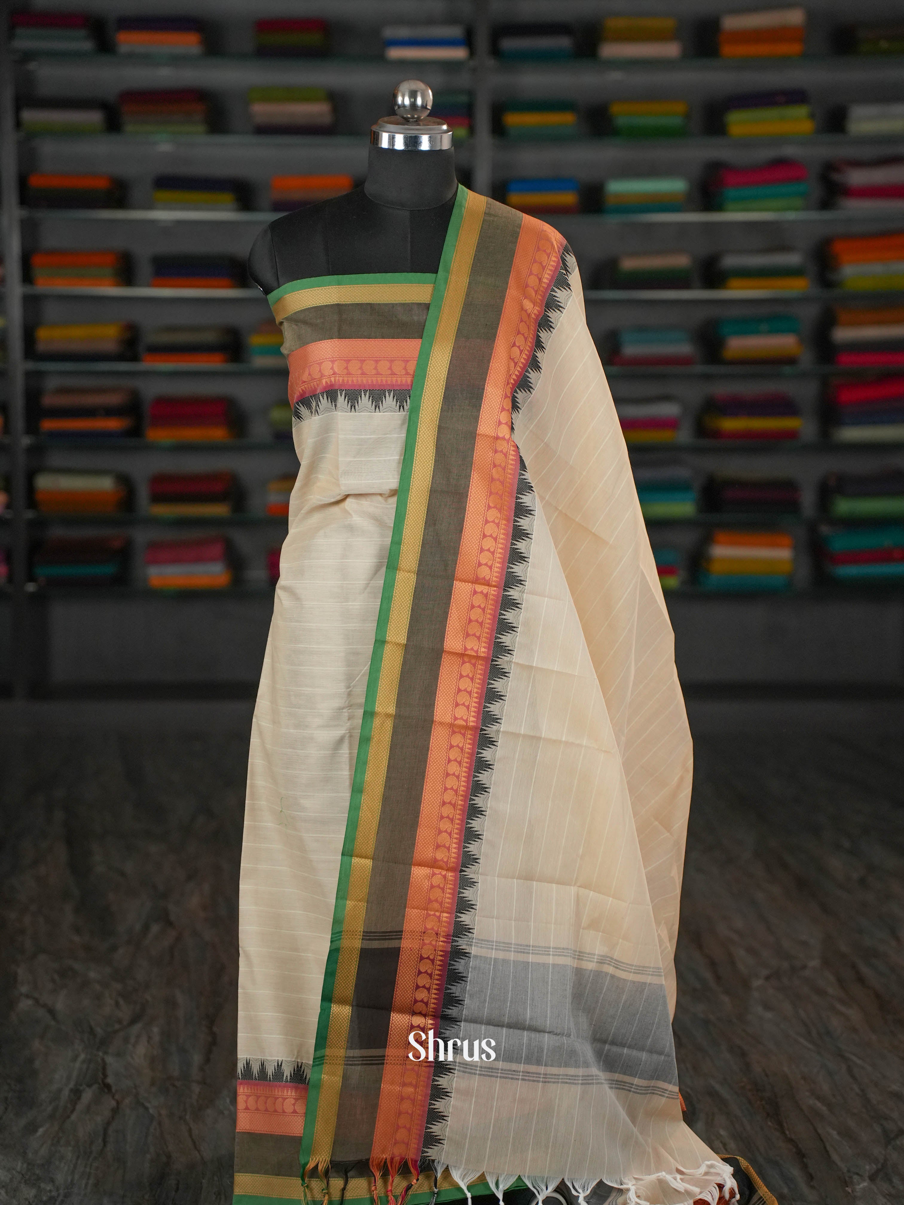 Cream  & Green - chettinad top & dupatta combo