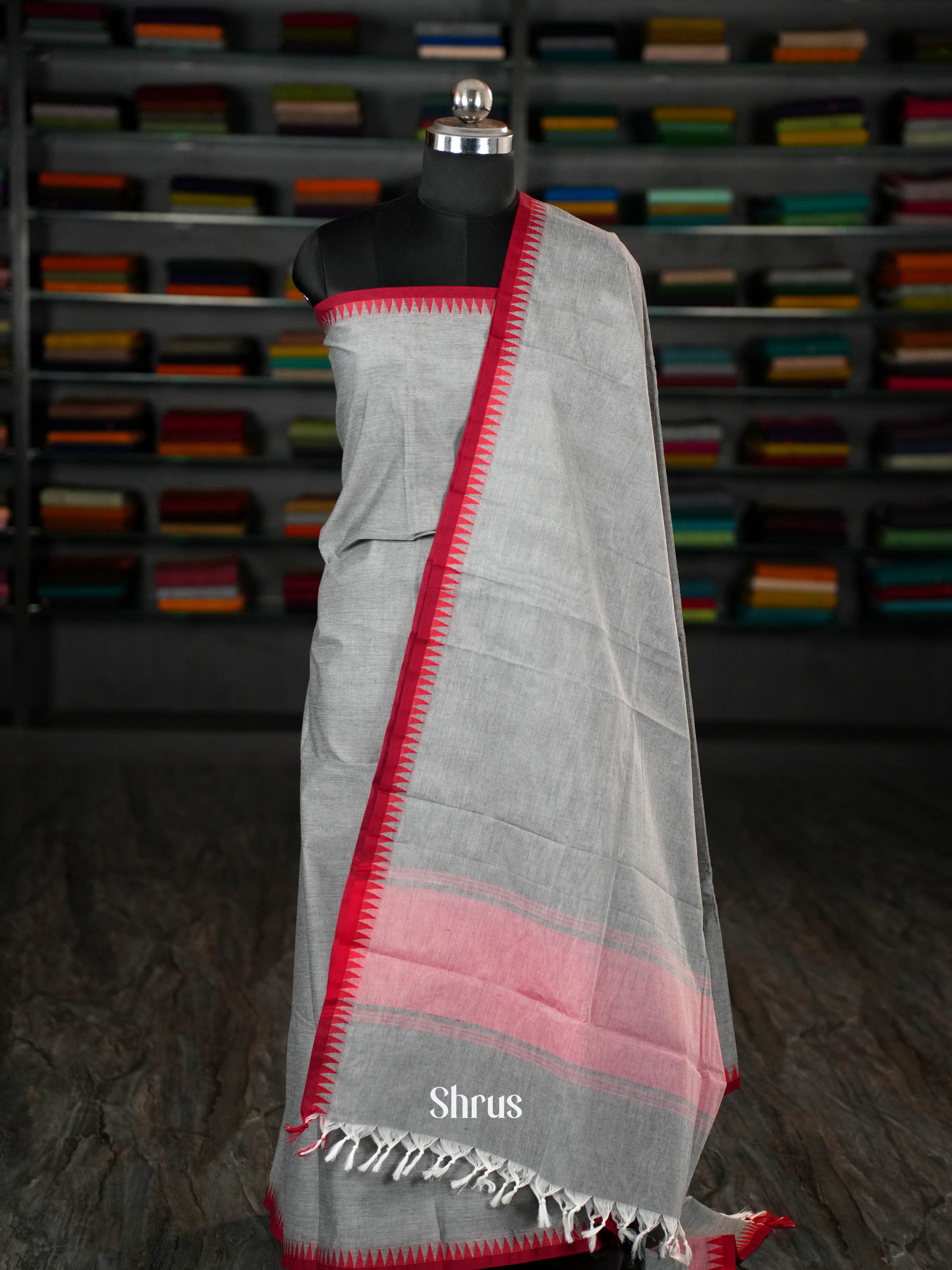 Grey & Red- chettinad top & dupatta combo