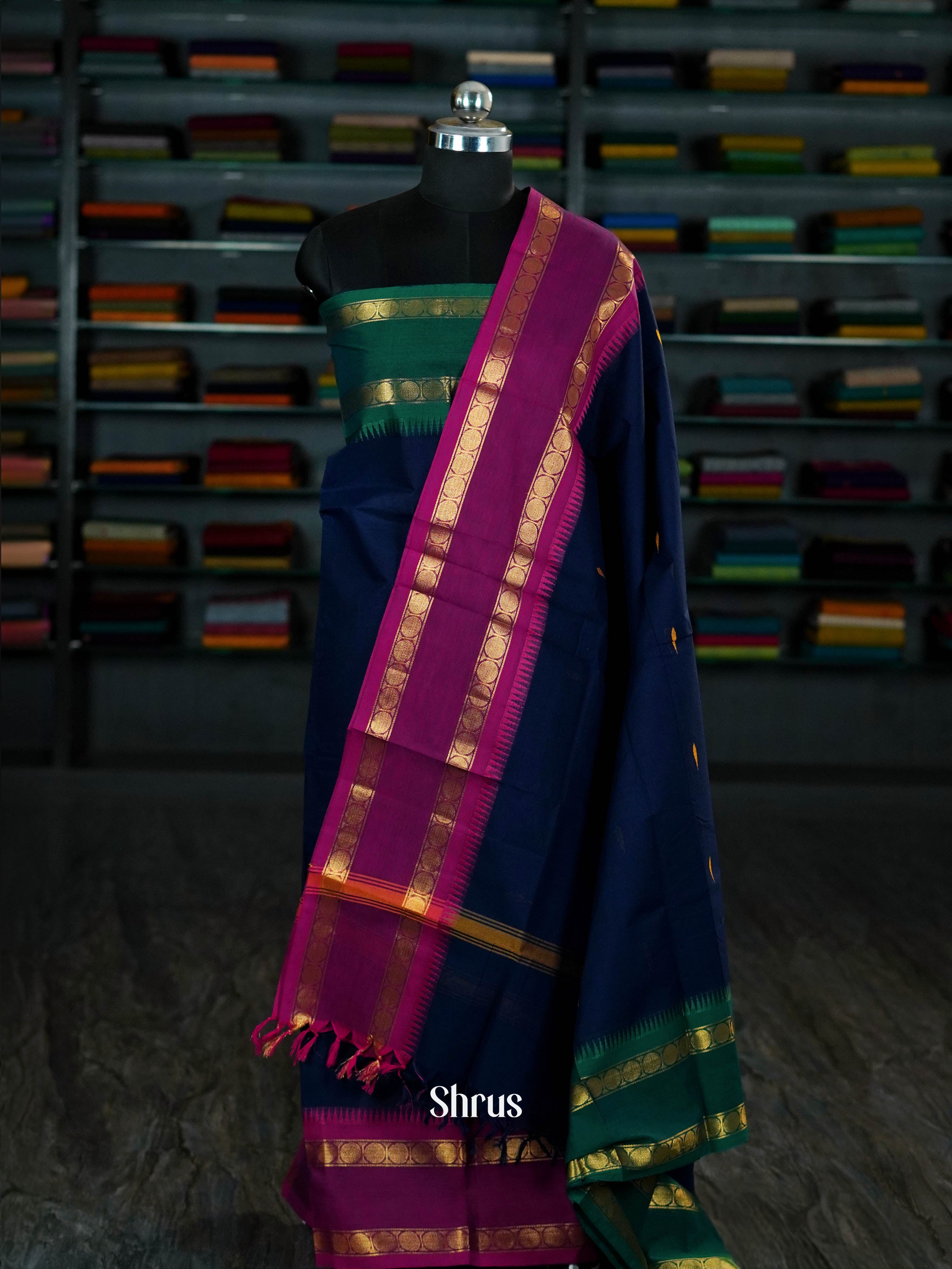 Navy Blue & Magenta  - chettinad top & dupatta combo