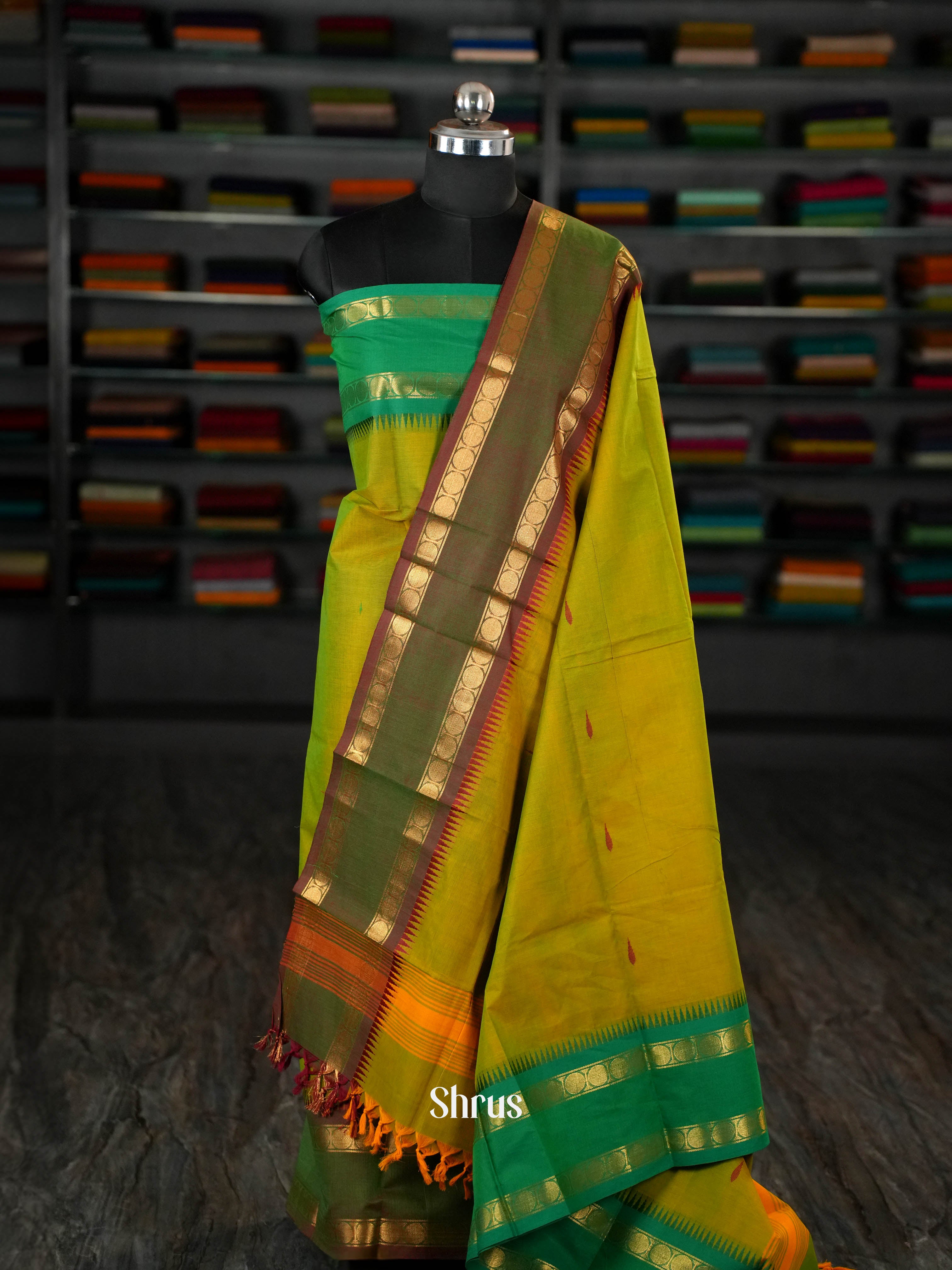 Greenish Yellow & Green - chettinad top & dupatta combo