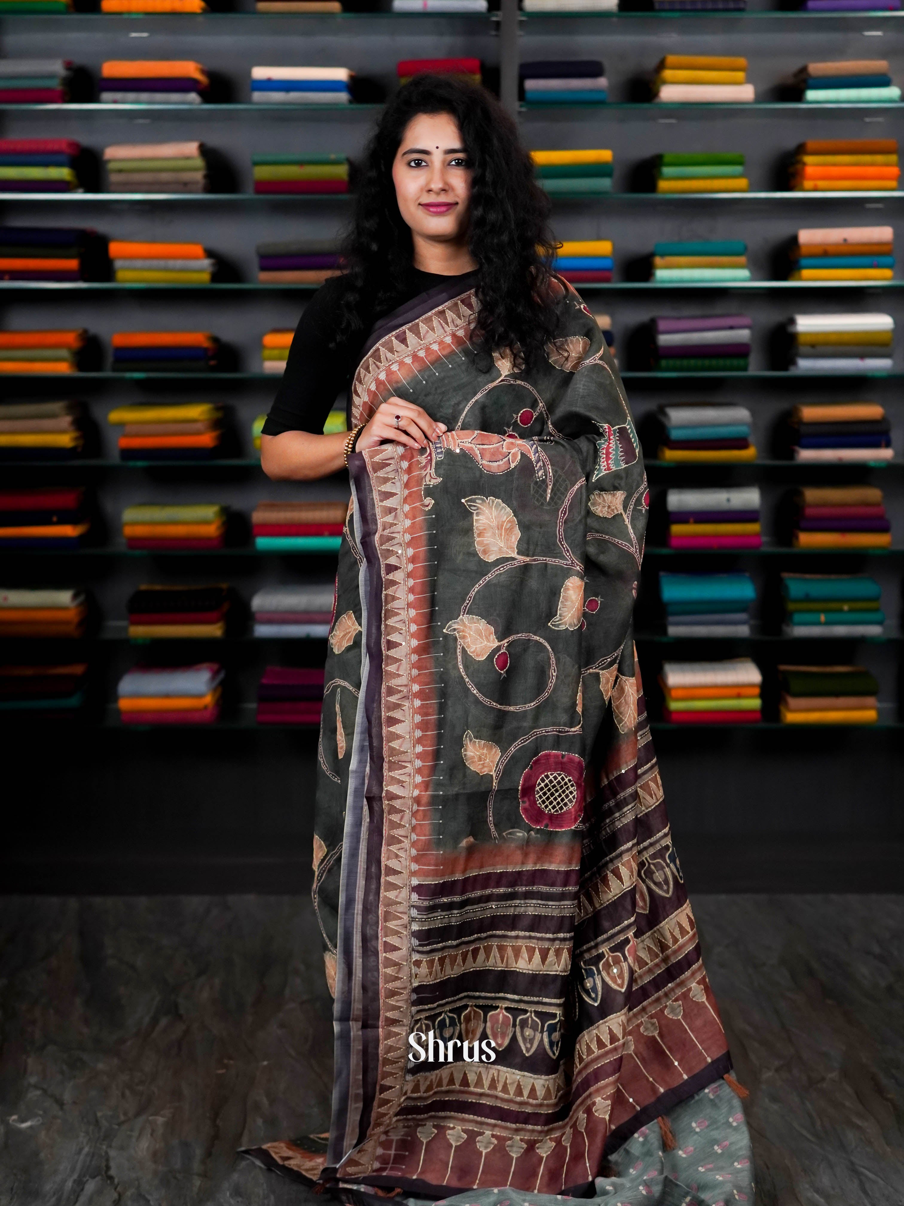 Green  & Brown - Semi Kantha Saree