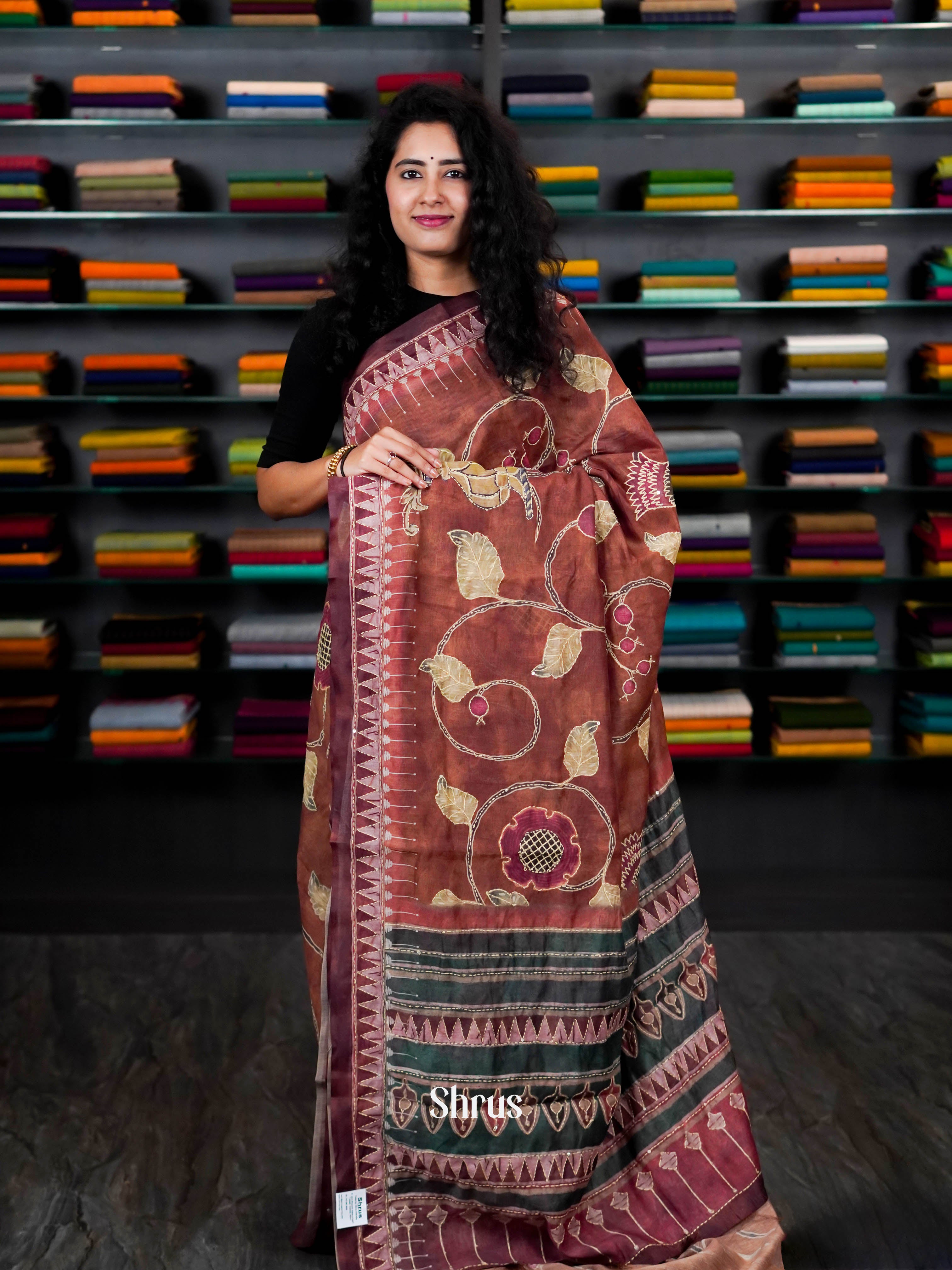 Brown & Green - Semi Kantha Saree