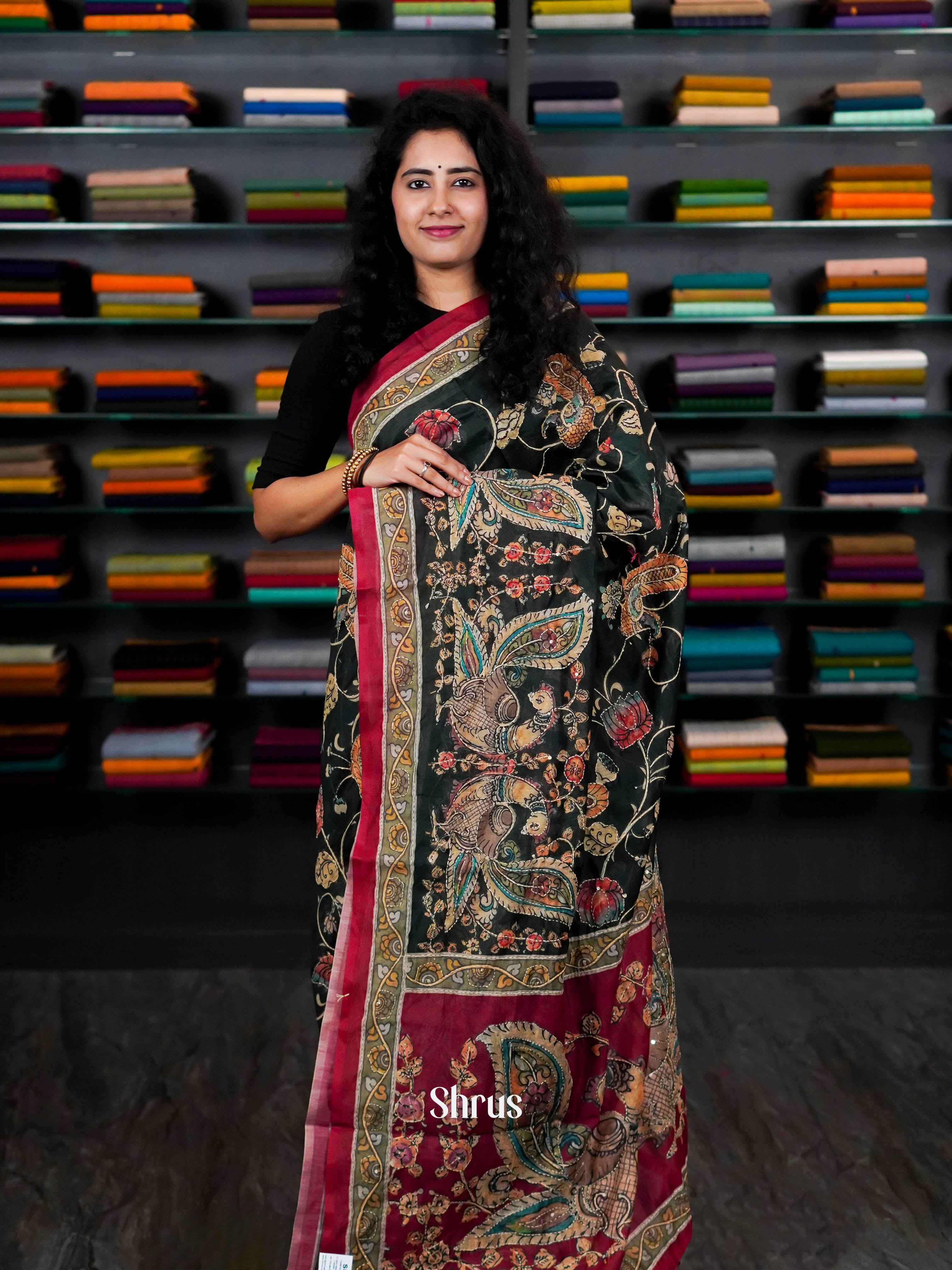 Green & Maroon - Semi Kantha Saree